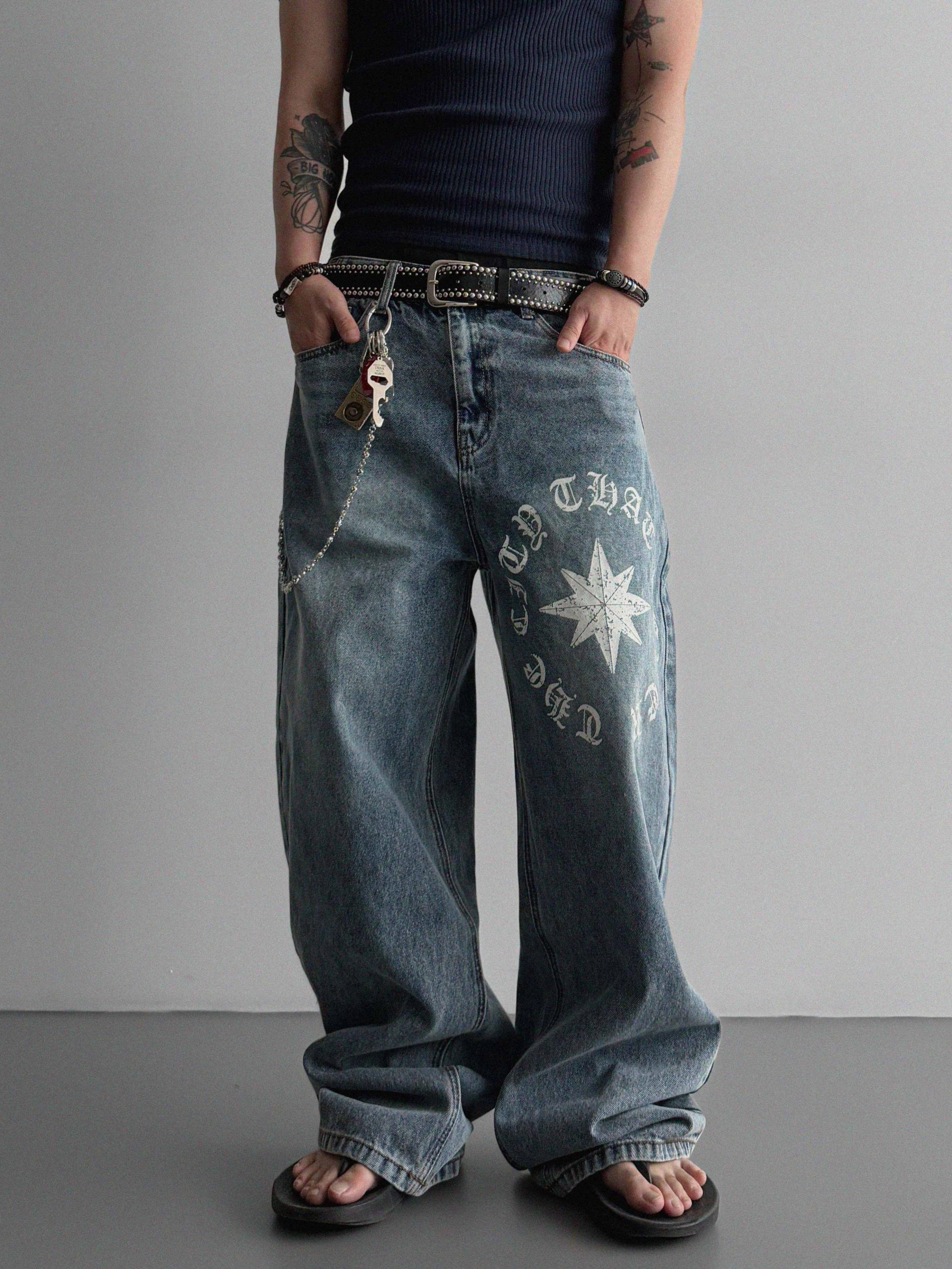 Star lettering curved denim pants