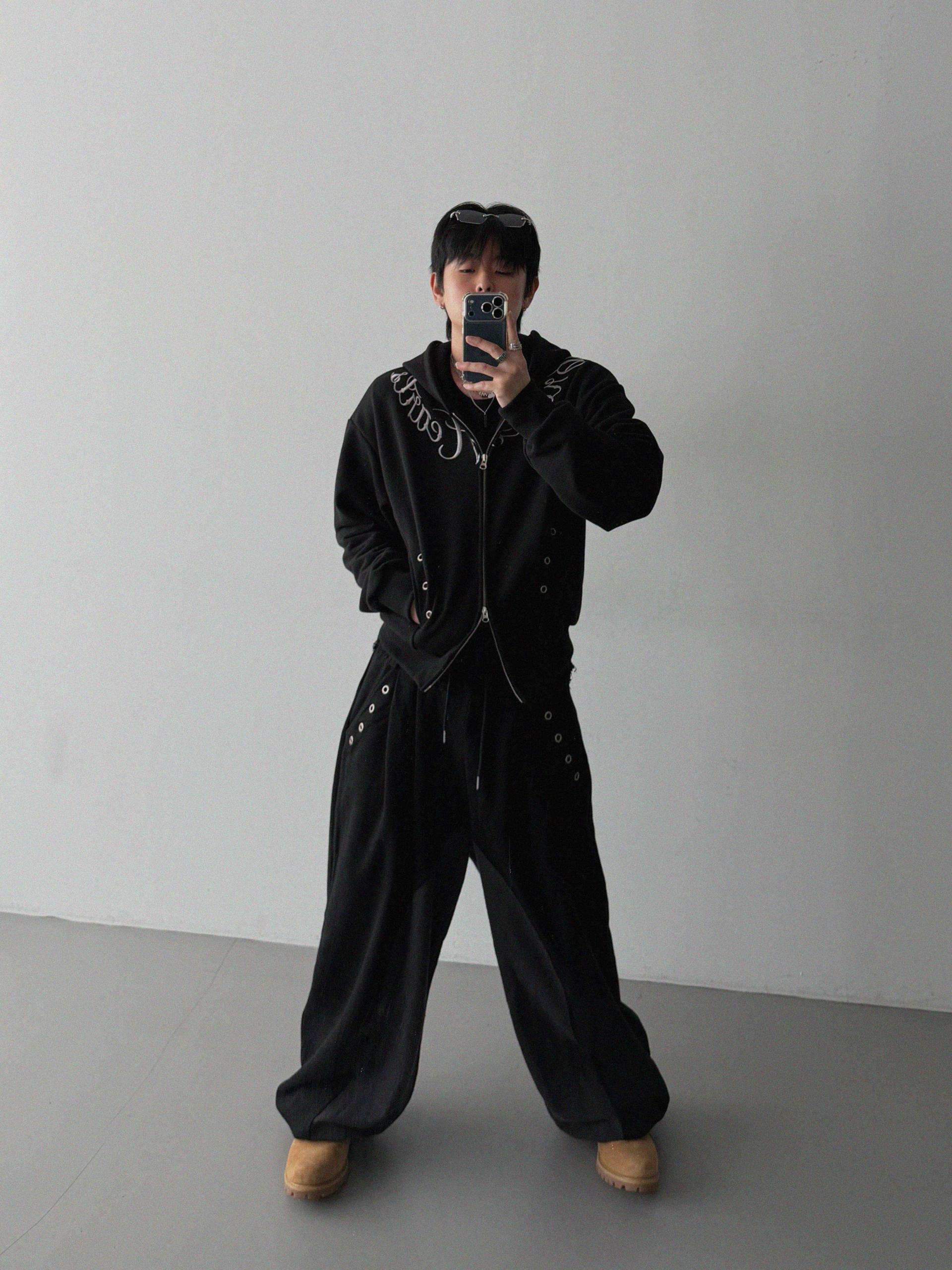 Broken eyelet crop hoodie zip-up