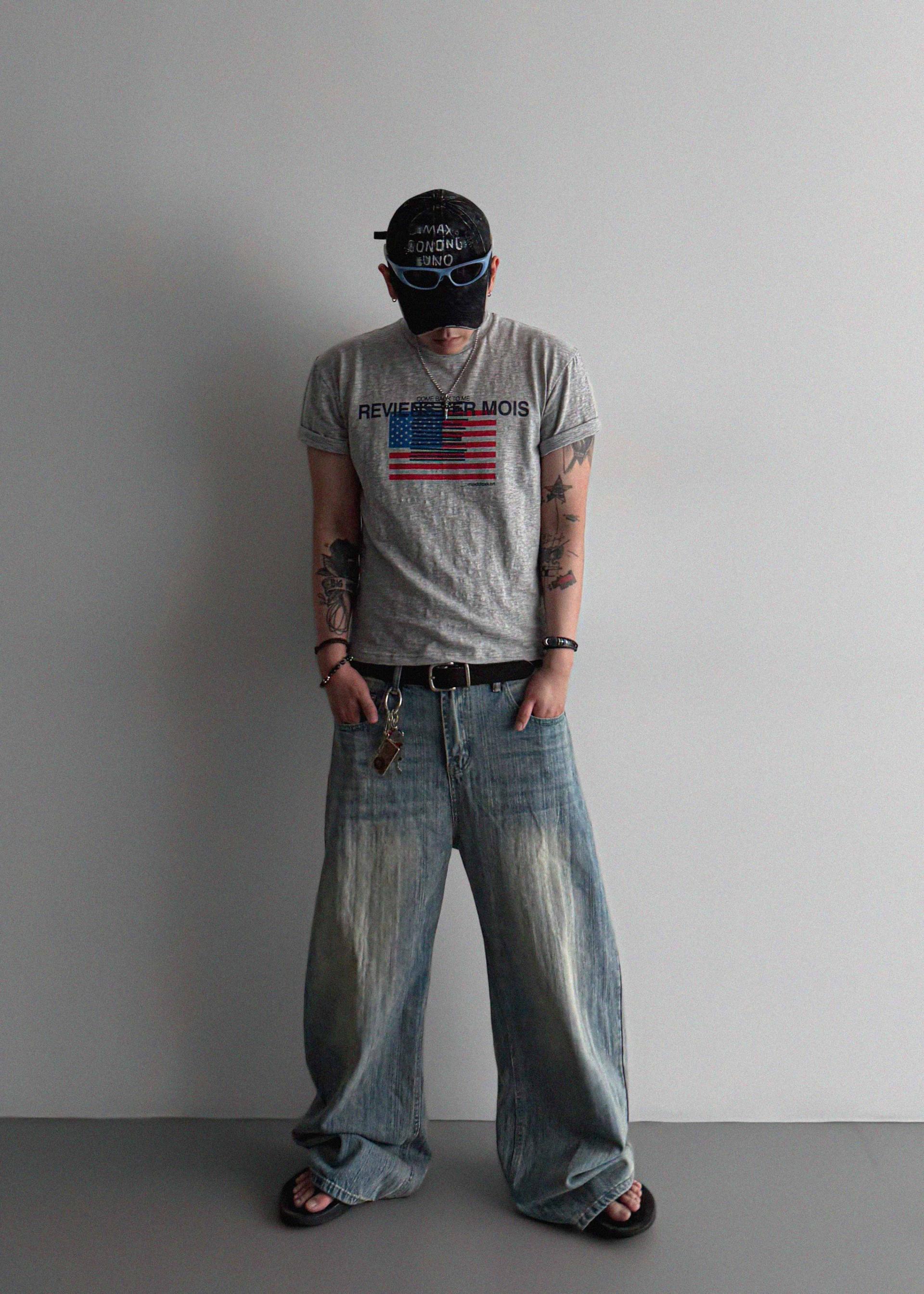 Striped washed curved denim pants