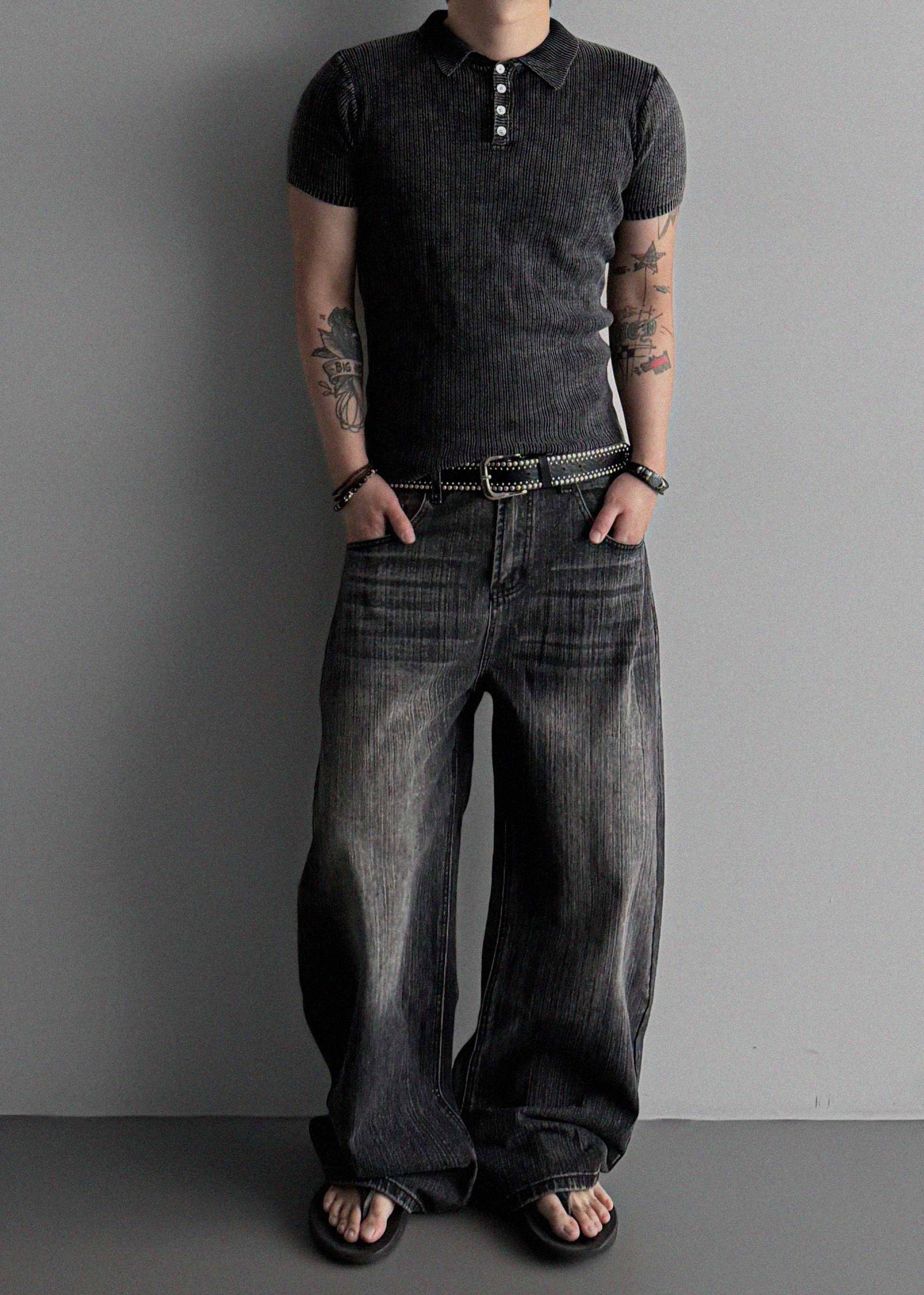 Striped washed curved denim pants