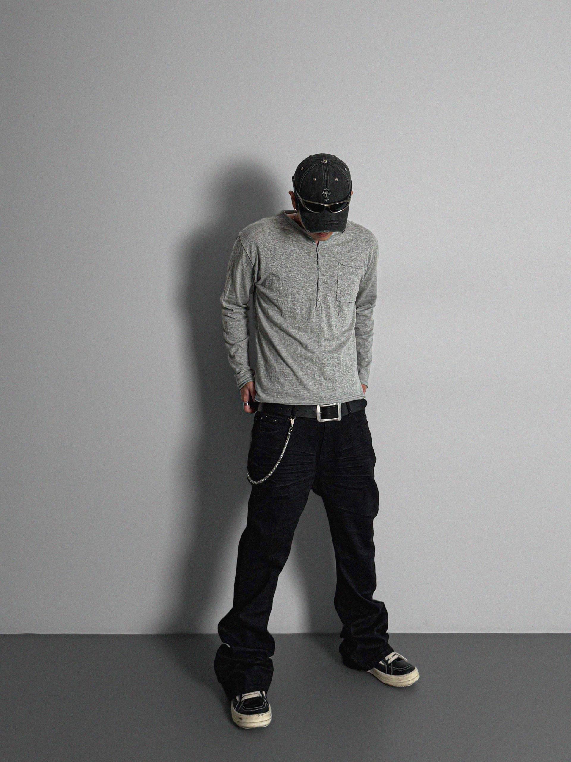 Button slub henley neck slim t