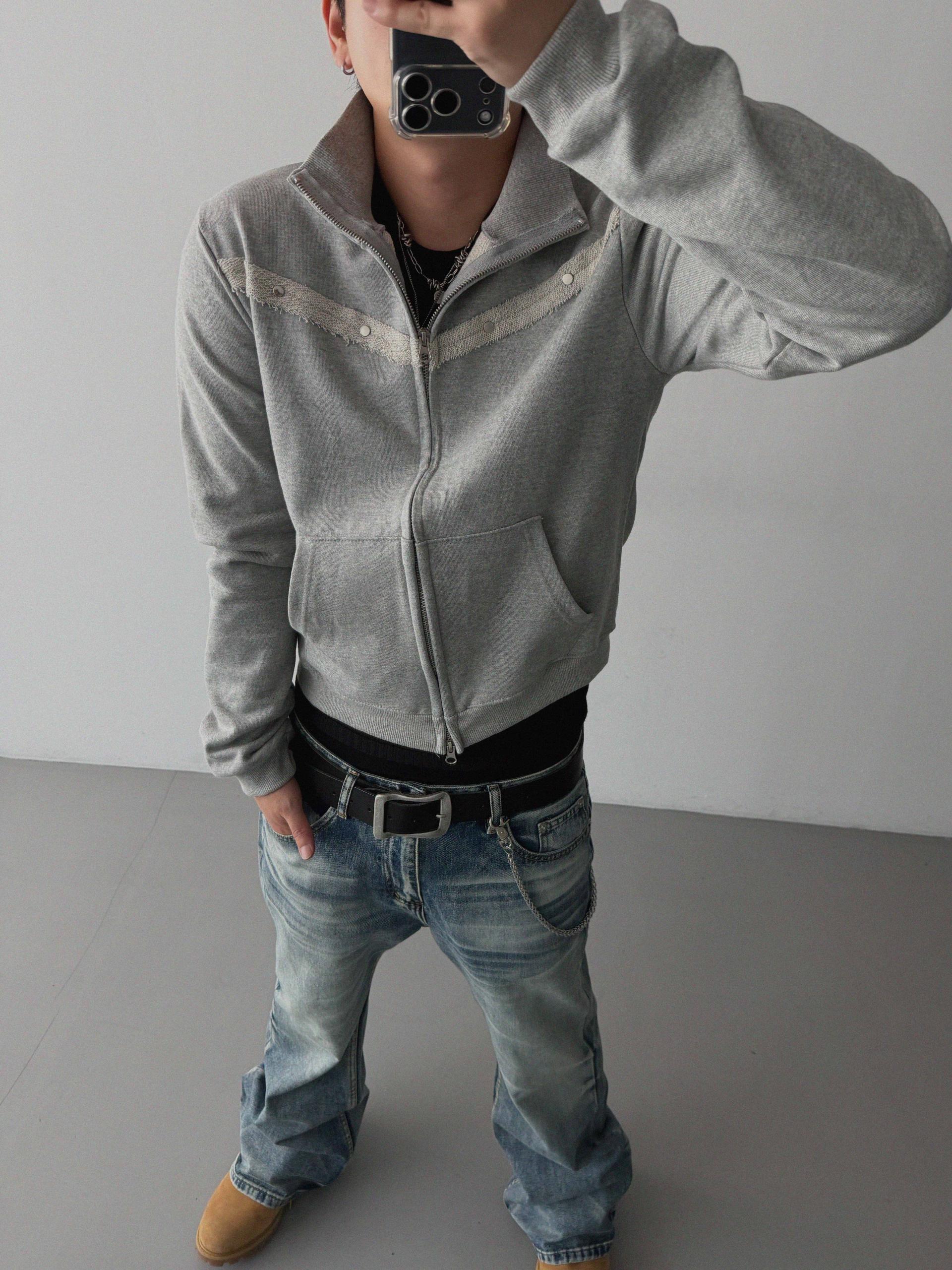Fringe rivet slim high neck zip-up