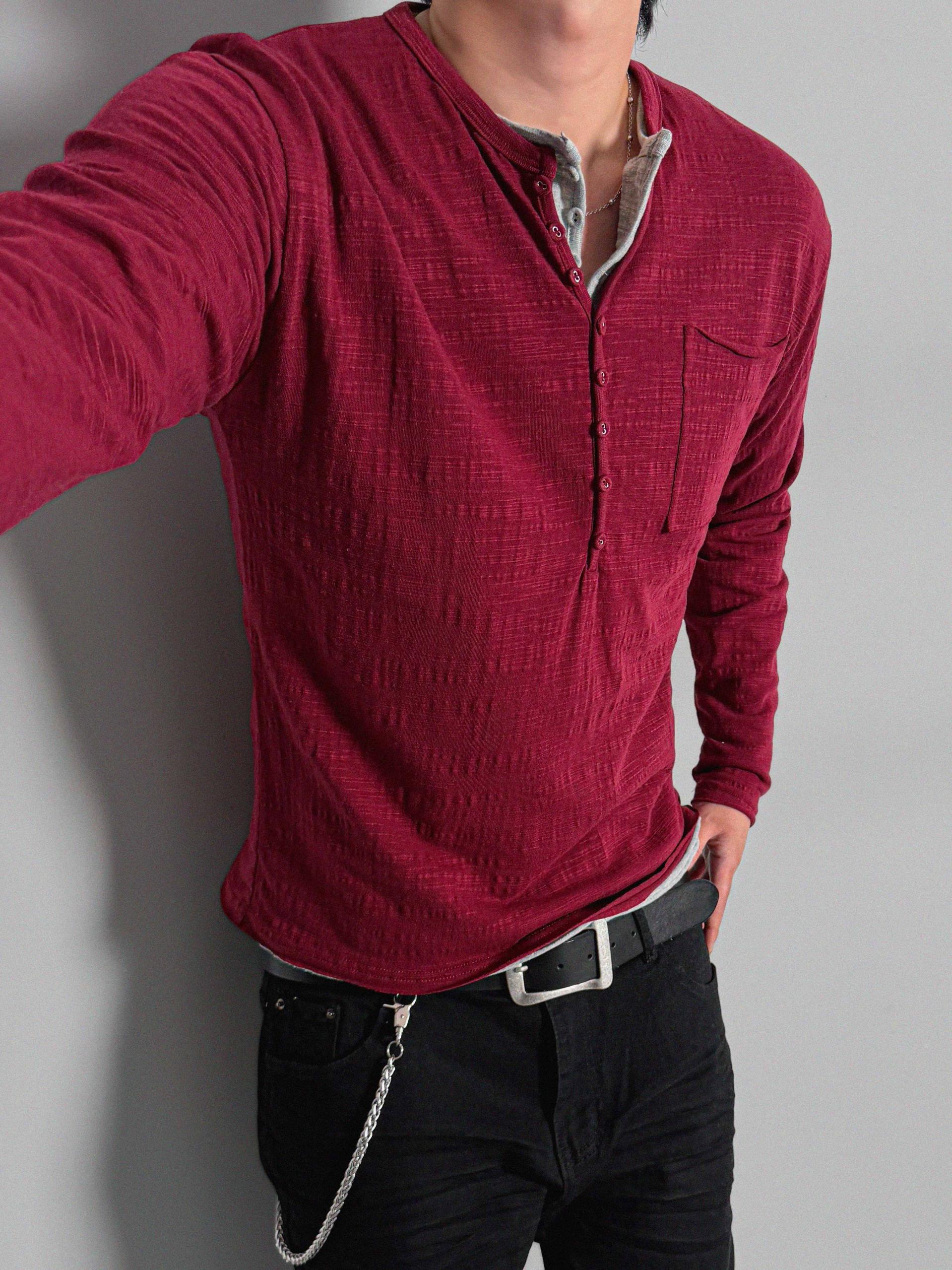 Button slub henley neck slim t