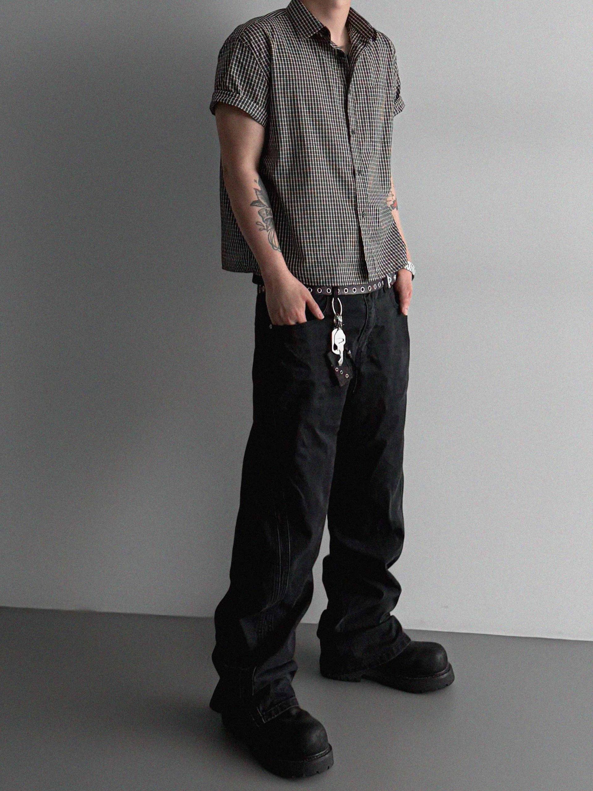Grid check crop half shirt