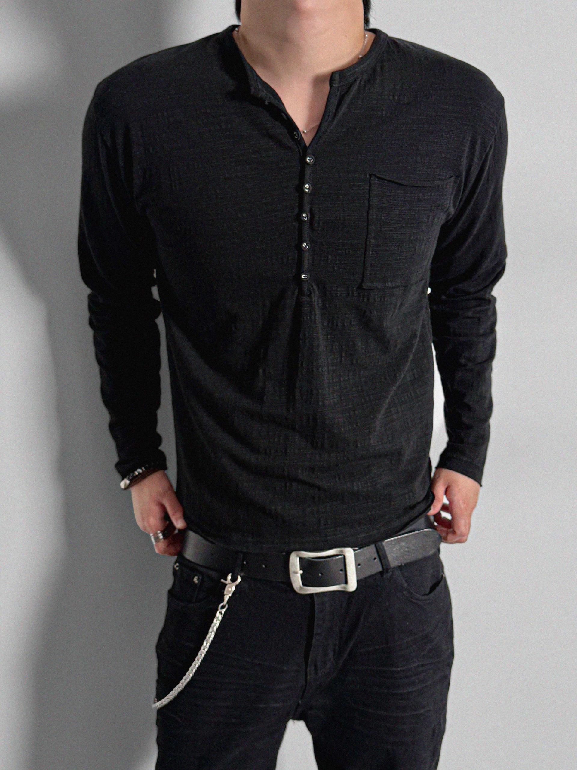 Button slub henley neck slim t