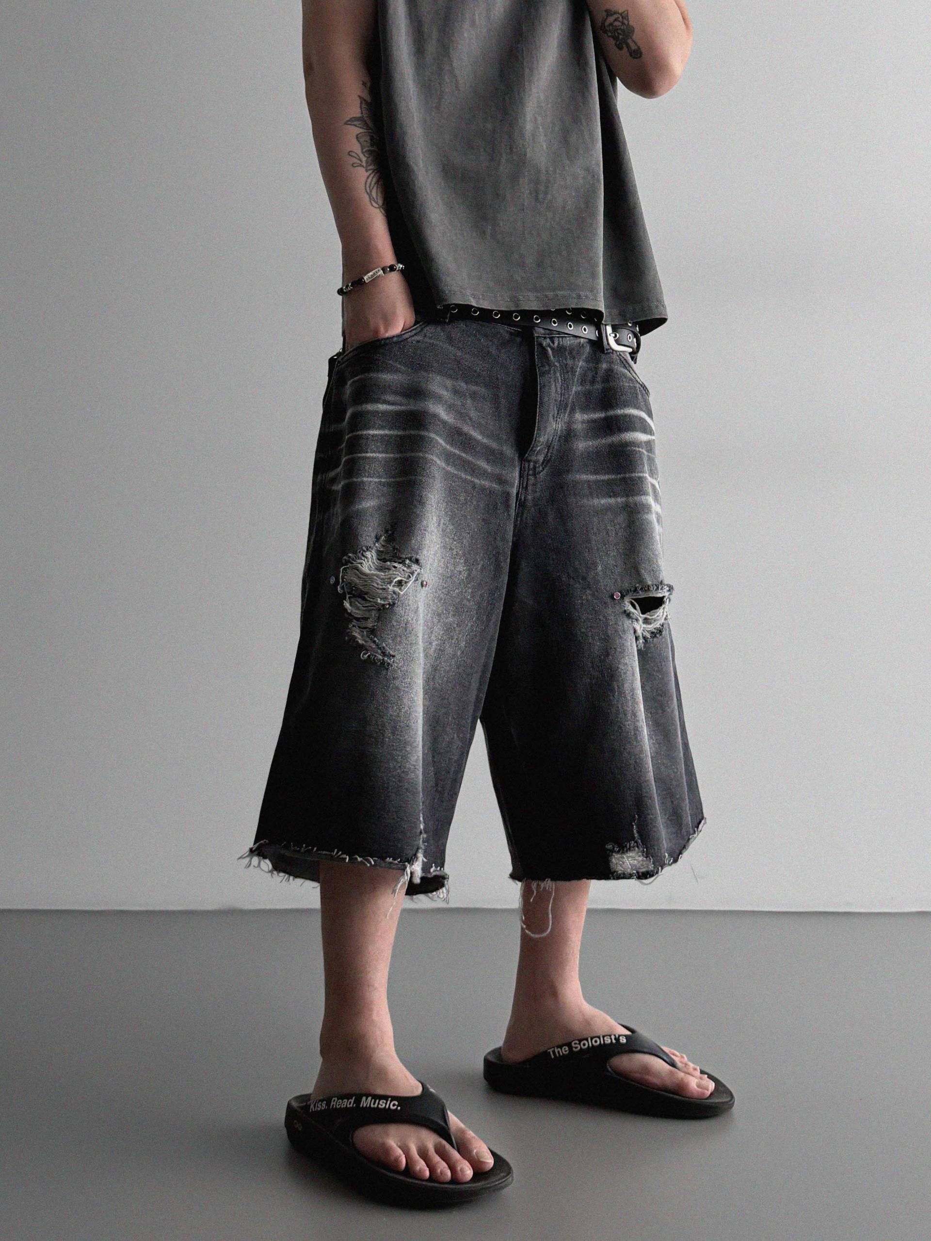 Cubic vintage denim bermuda pants