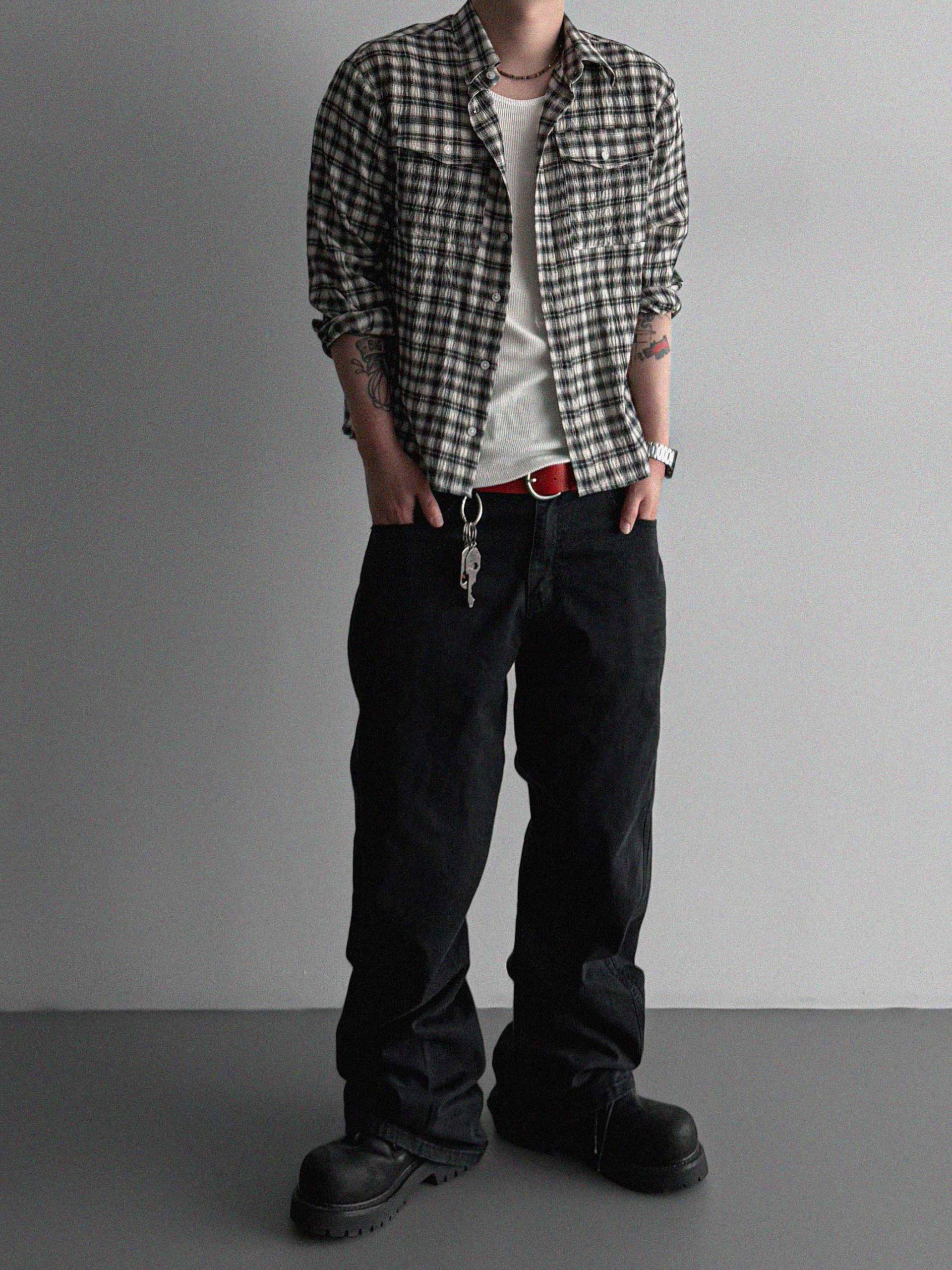 Linen two pocket crop check shirt