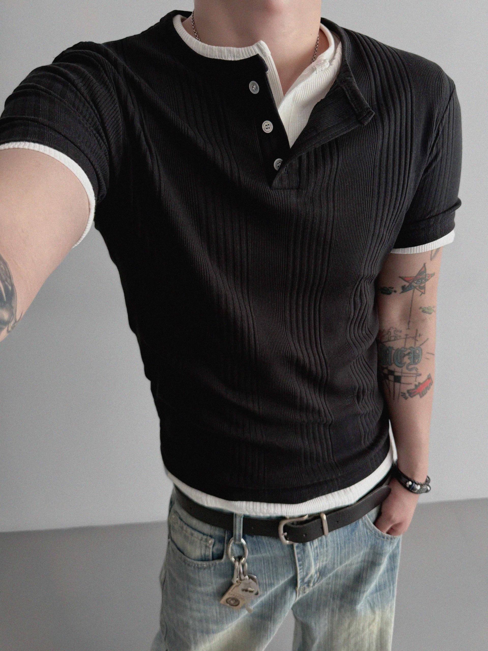 Terrace henley ceck slim half T