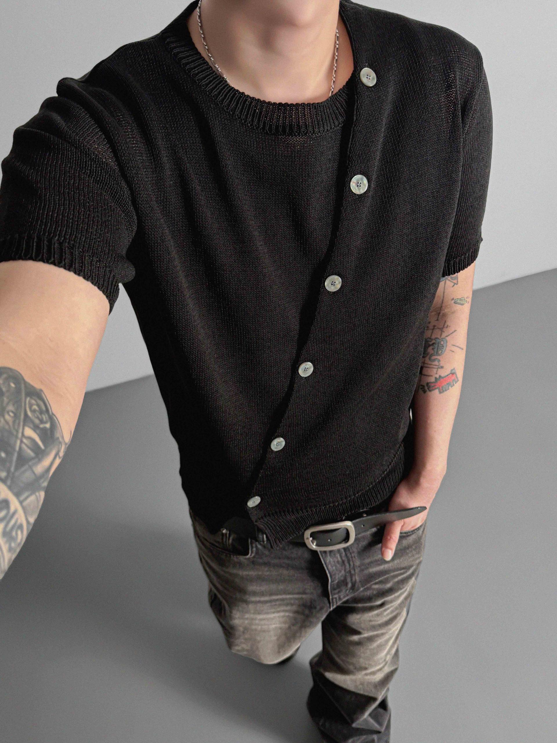 Slit button linen knit