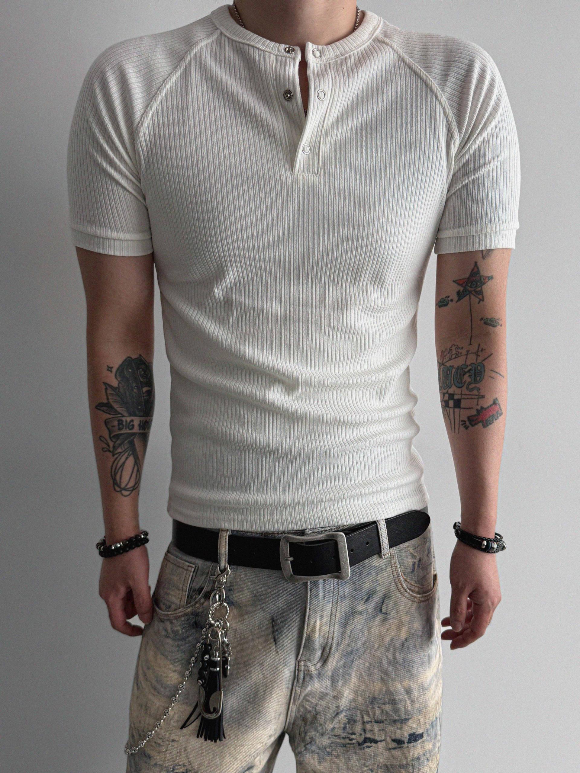 Fold ribbed henley neck muscle half t