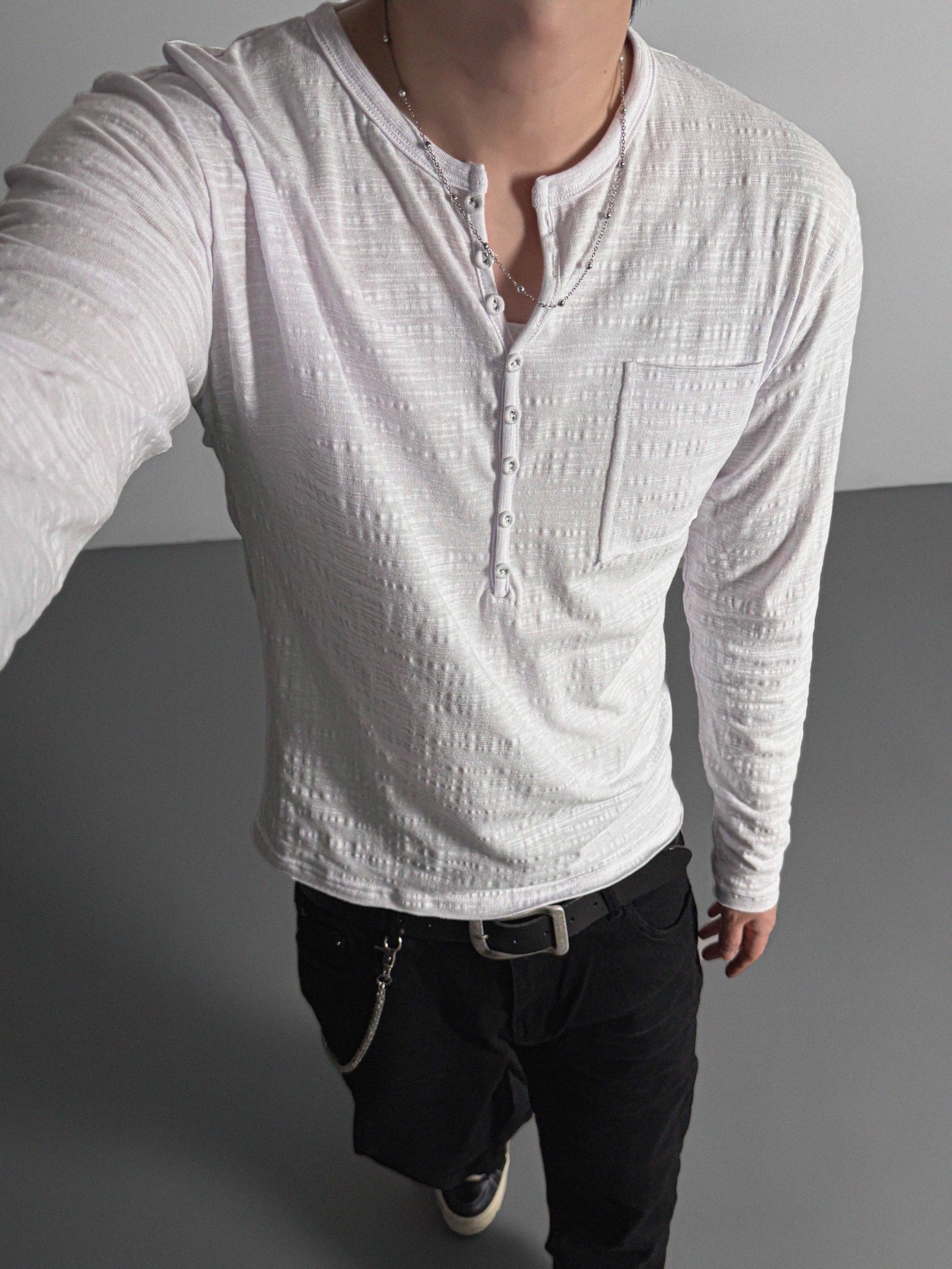 Button slub henley neck slim t
