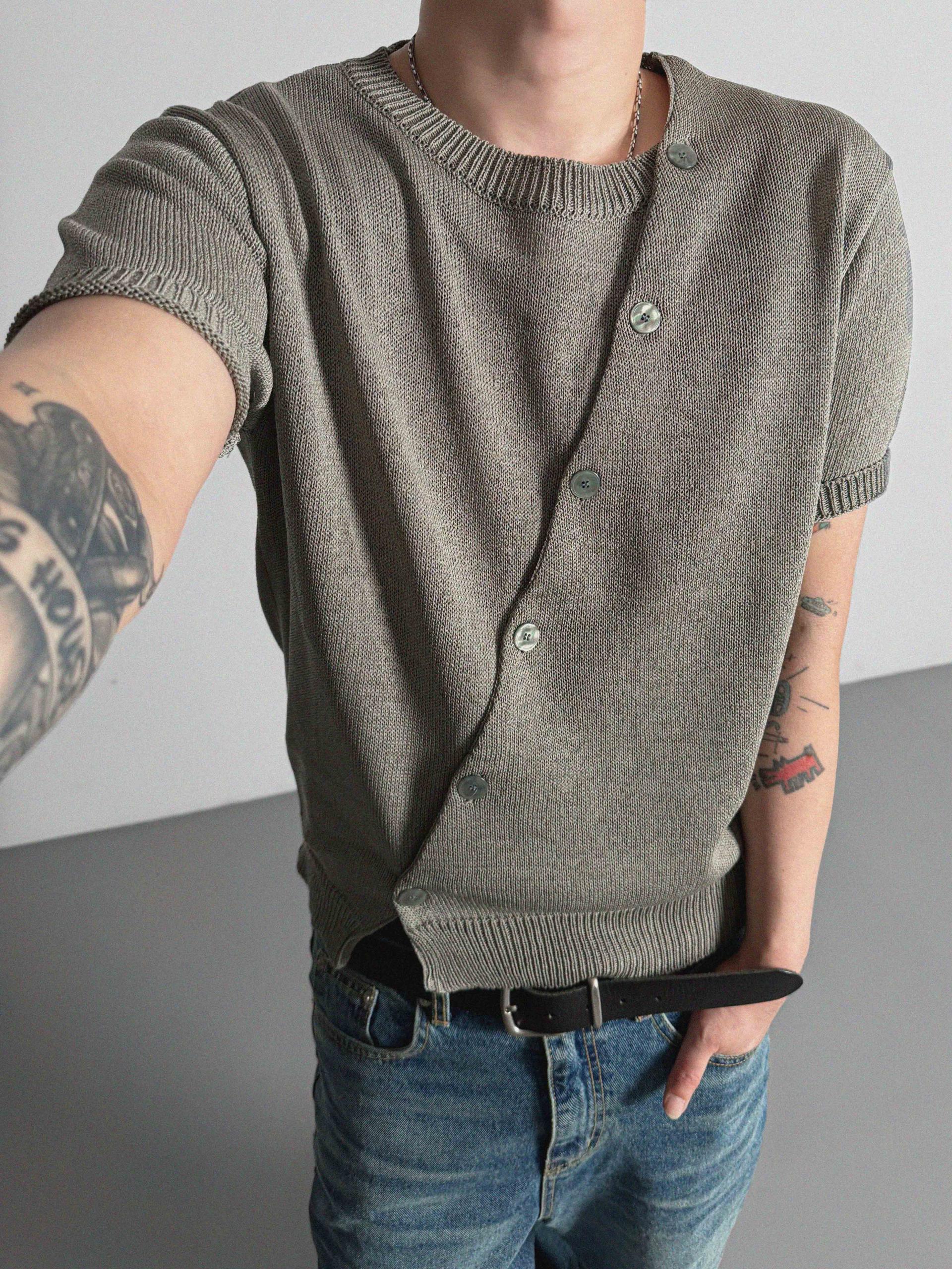 Slit button linen knit