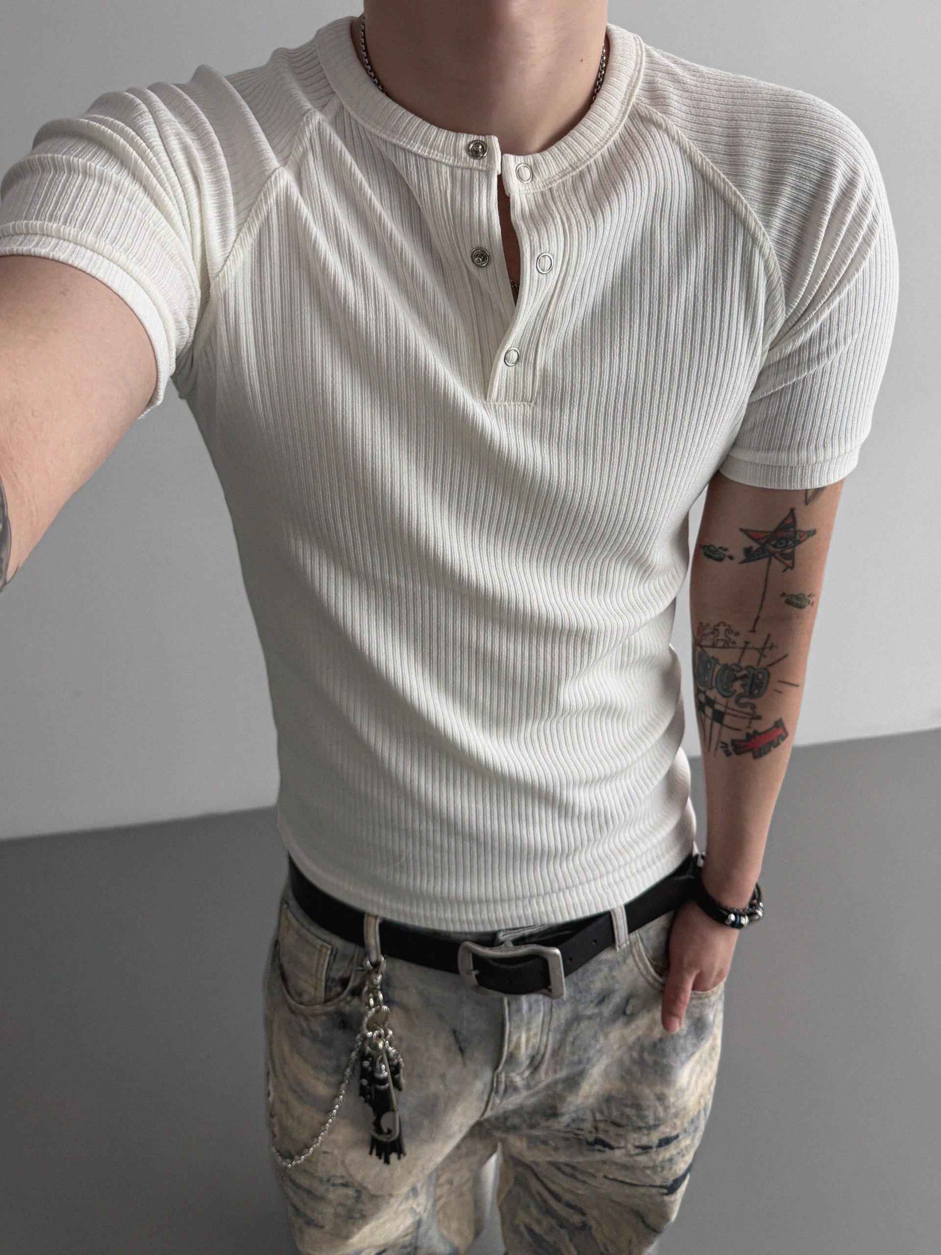 Fold ribbed henley neck muscle half t