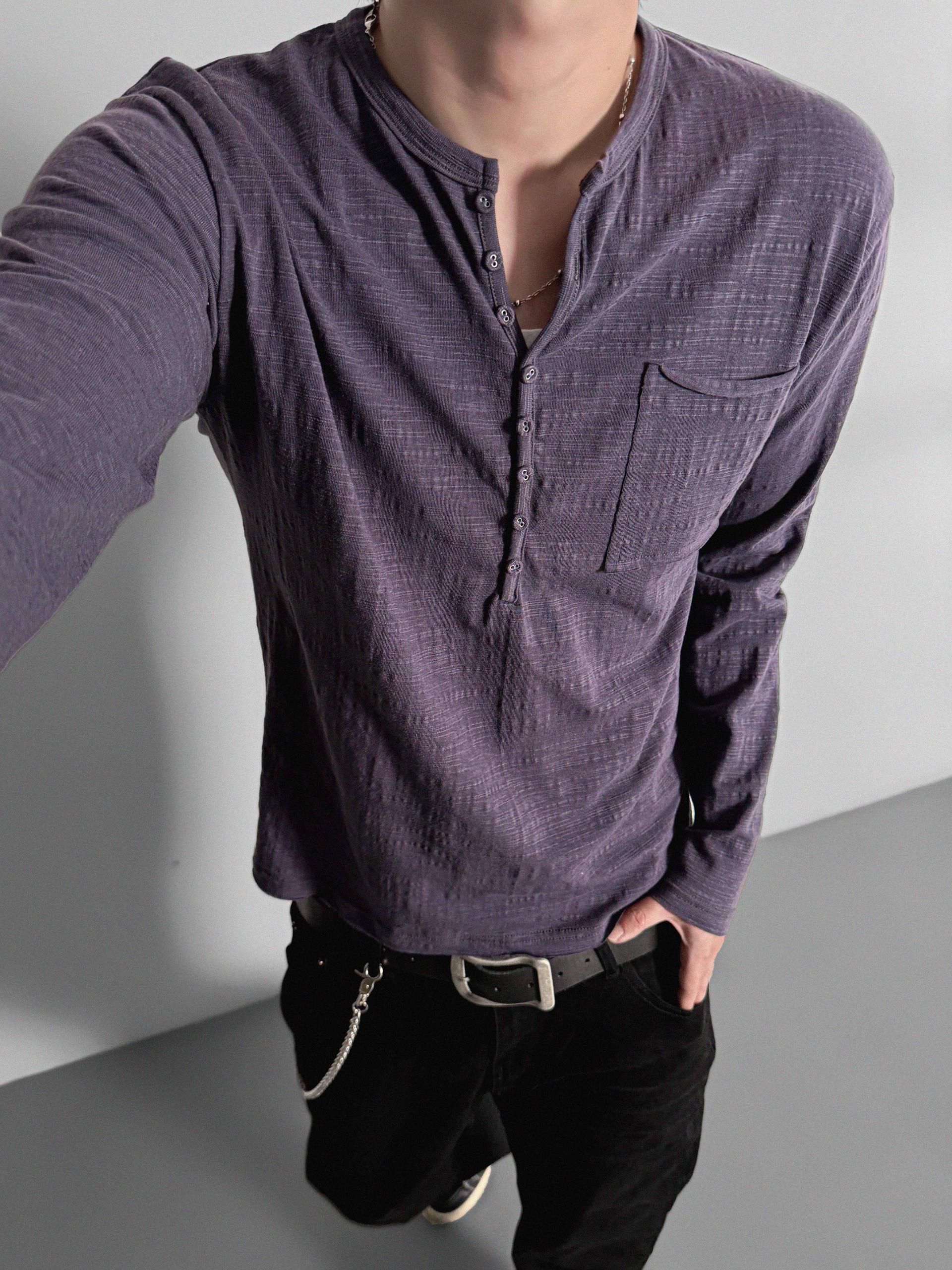 Button slub henley neck slim t