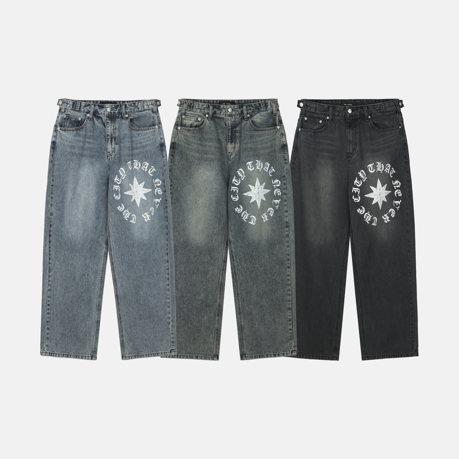 Star lettering curved denim pants