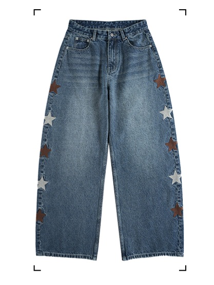 Star embroidered curved denim pants