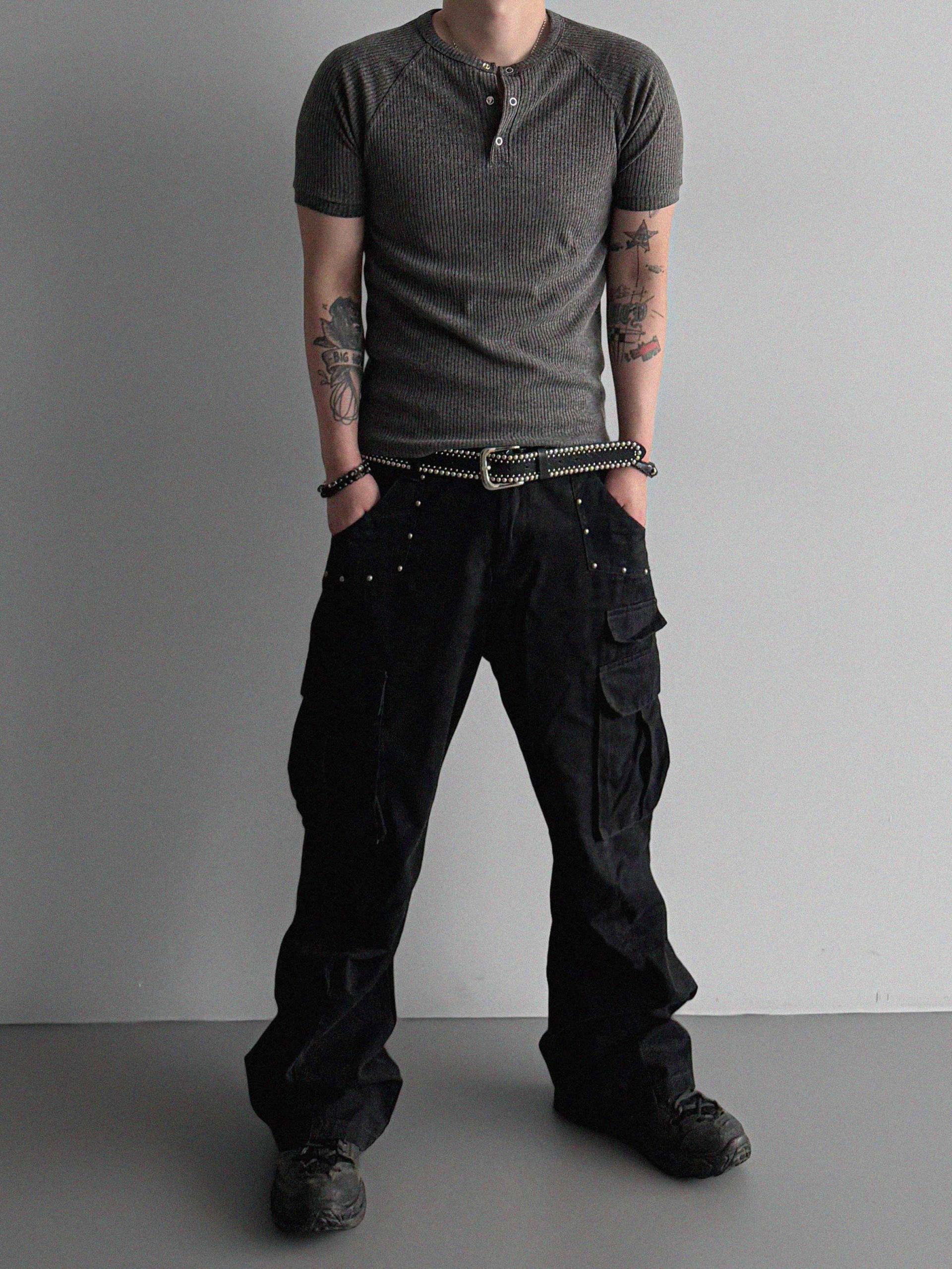 Fold ribbed henley neck muscle half t