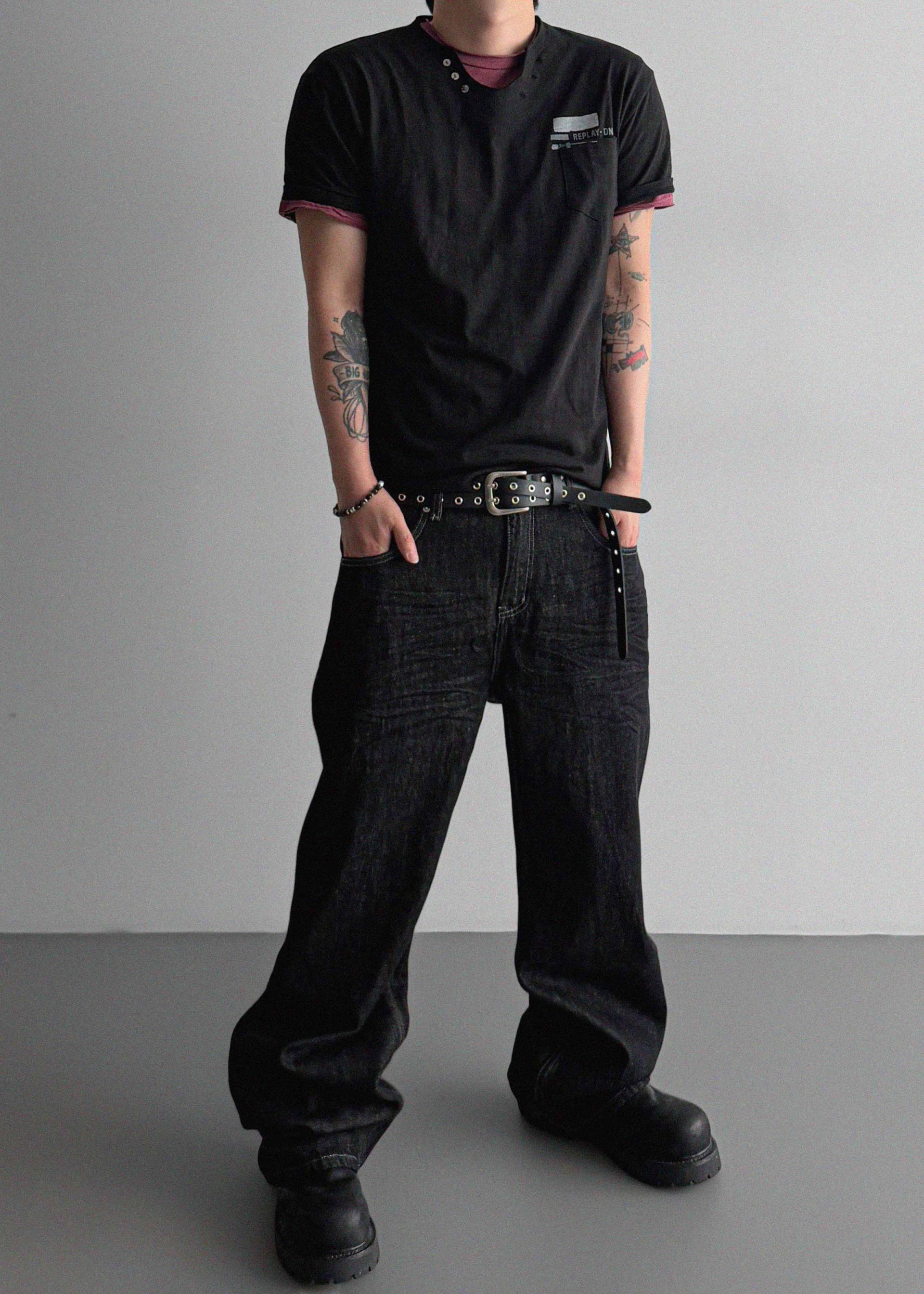 Embossed non-faded denim pants