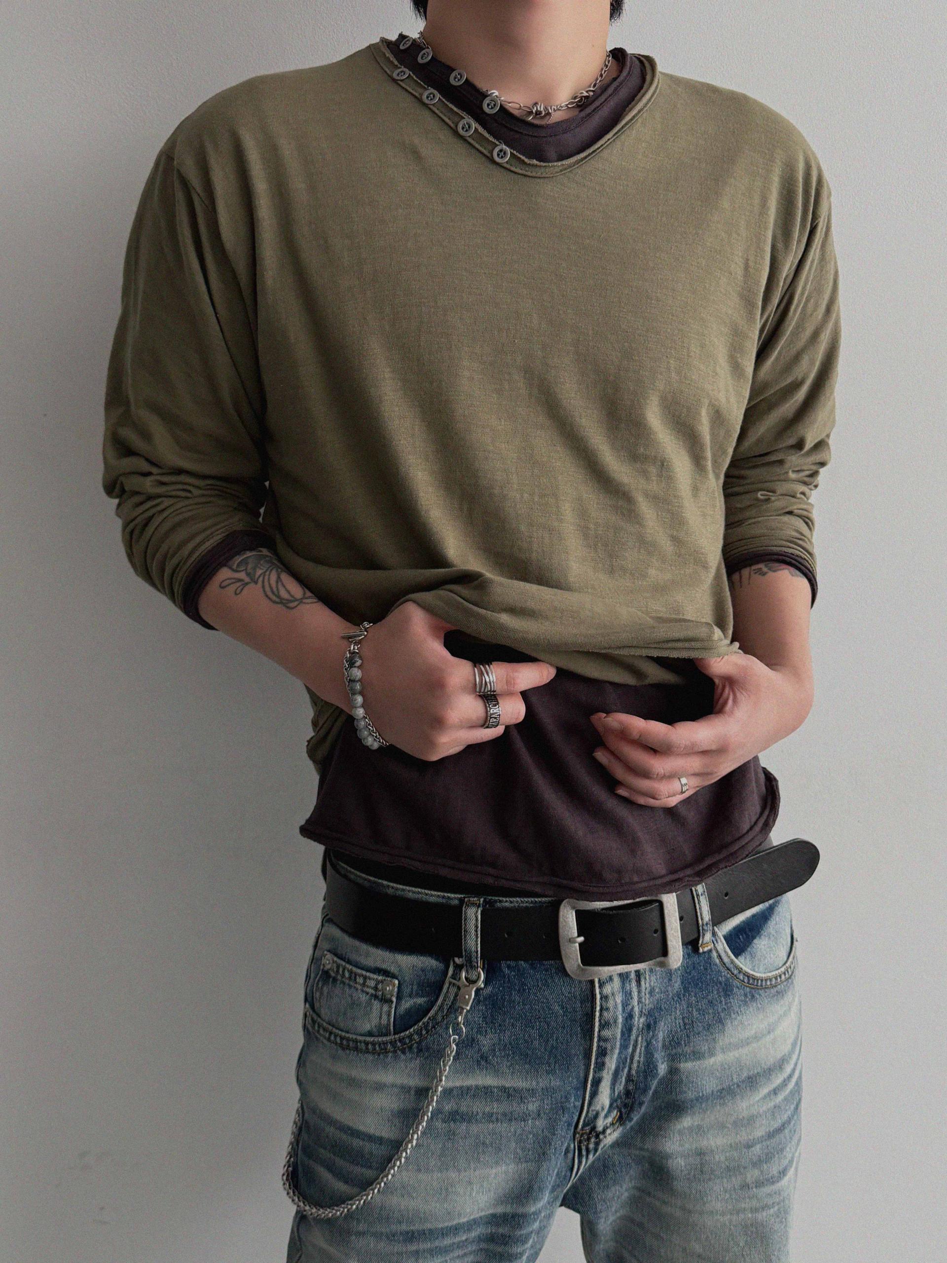 Button v-neck slub cutting crop t