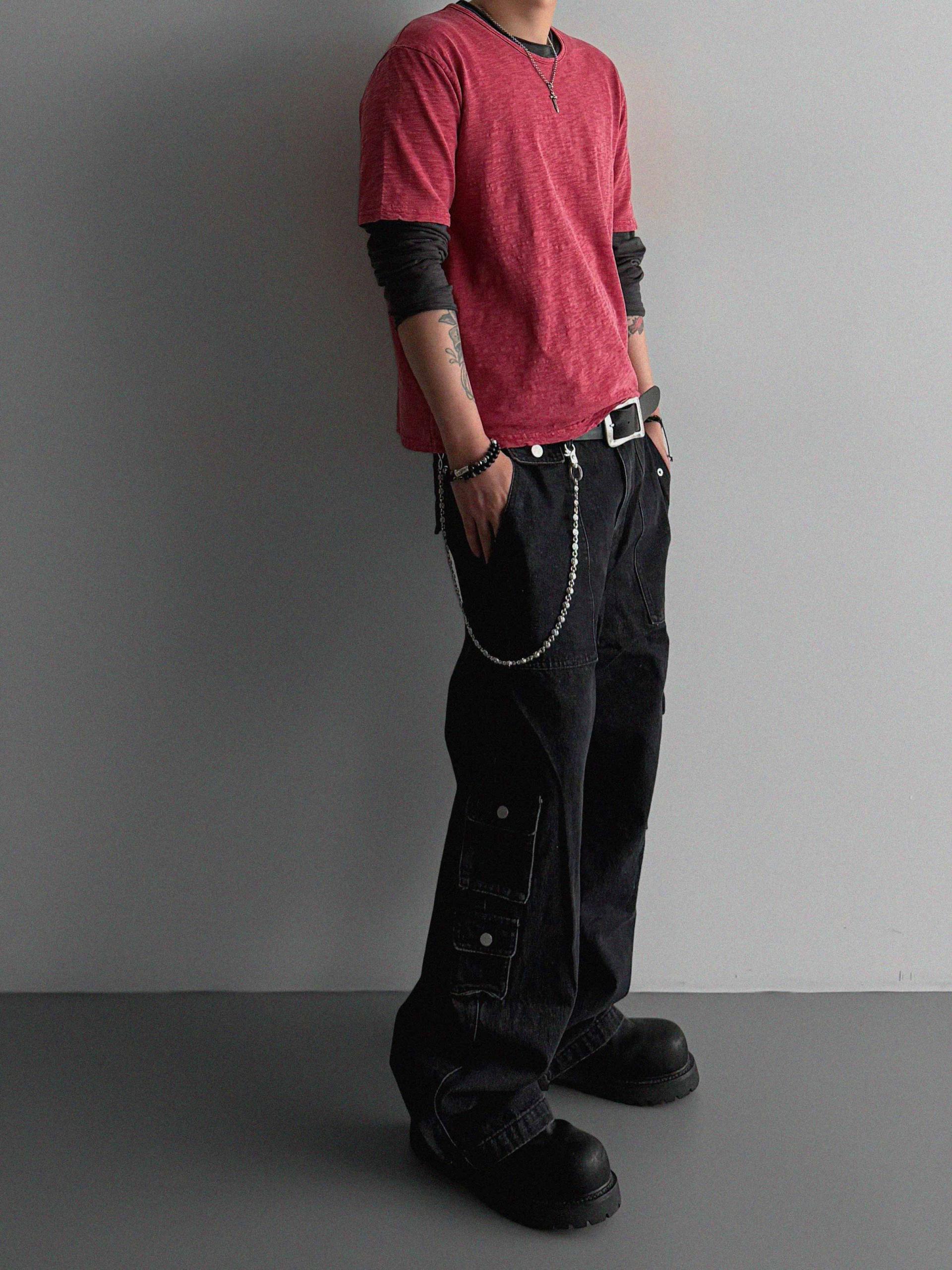 Unbalanced cargo denim pants
