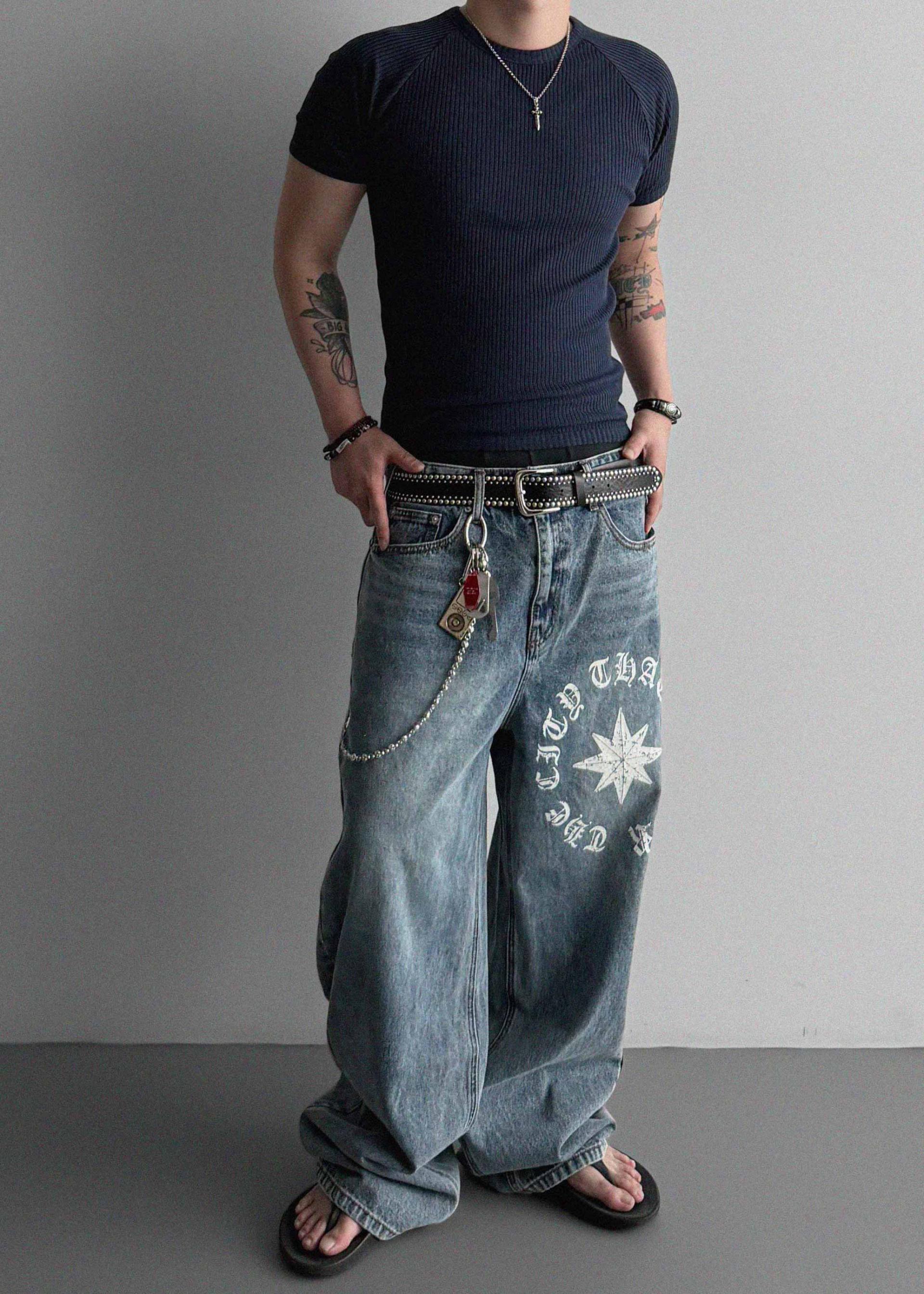 Star lettering curved denim pants