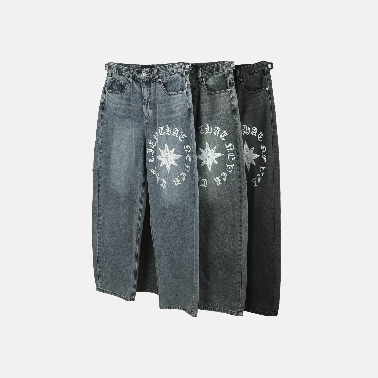 Star lettering curved denim pants