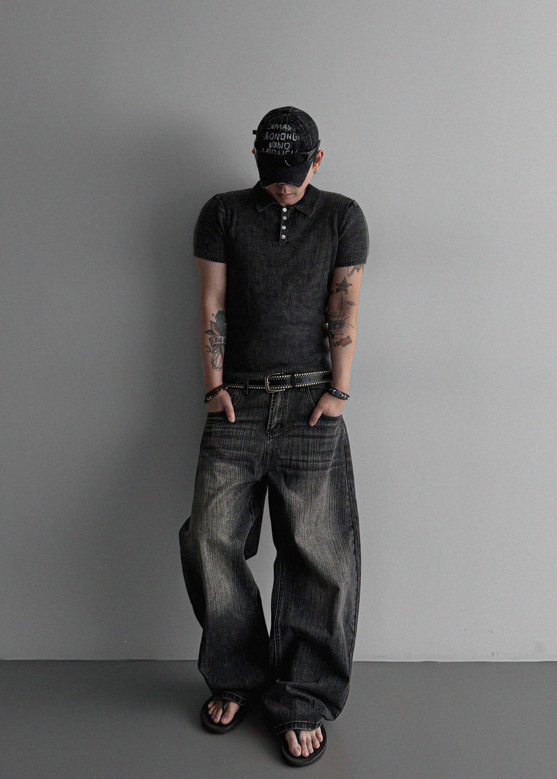 Striped washed curved denim pants