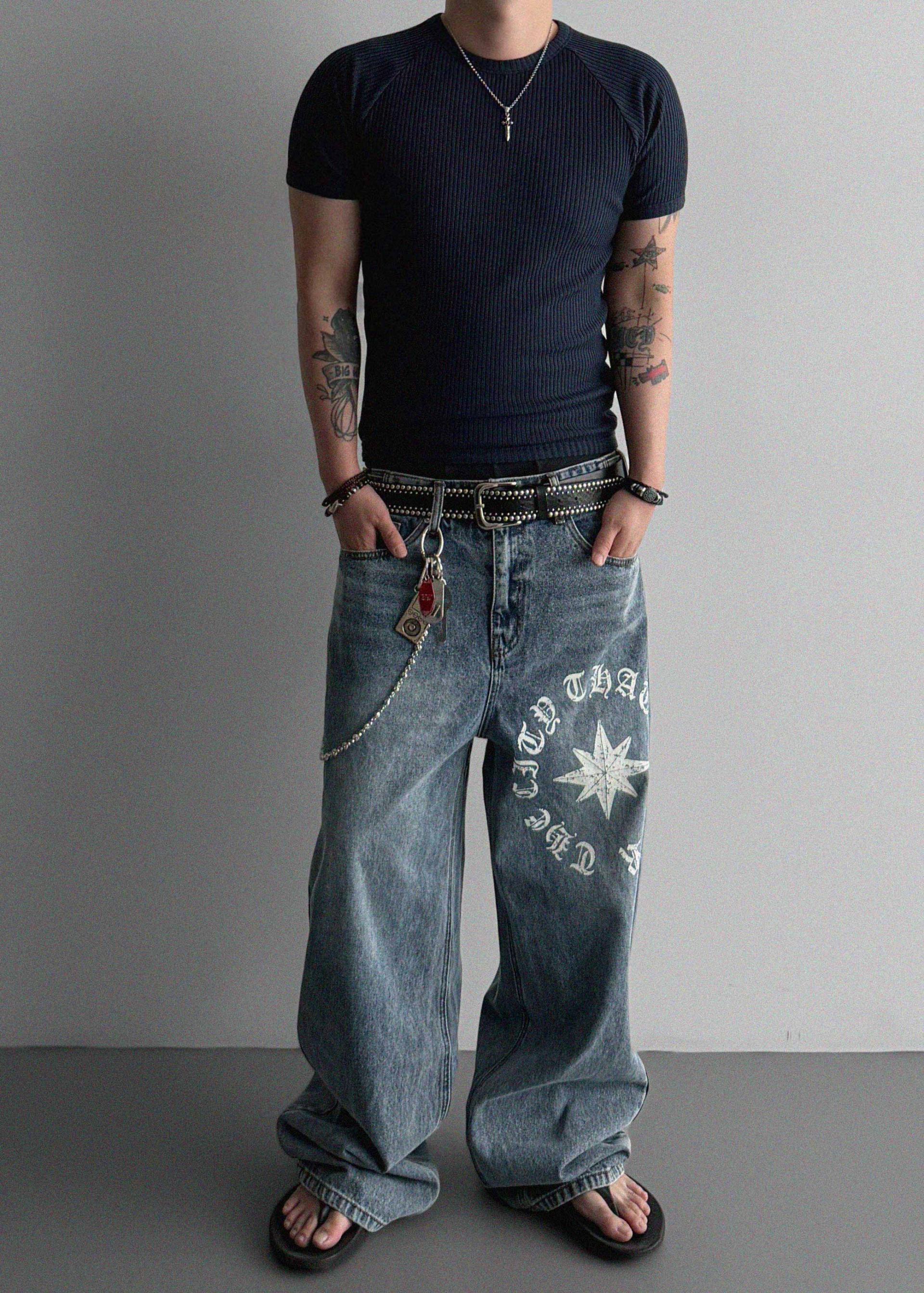 Star lettering curved denim pants