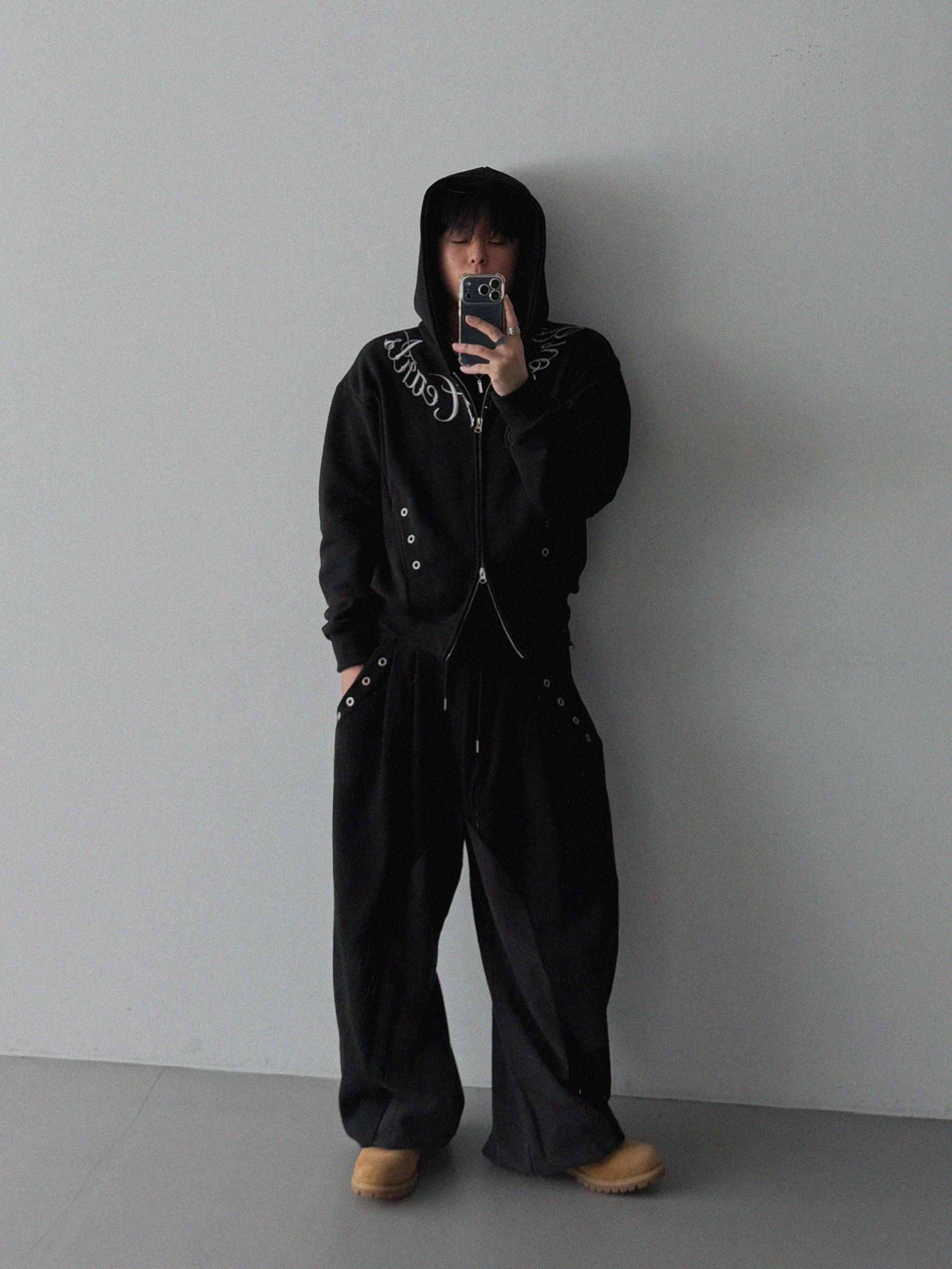 Broken eyelet crop hoodie zip-up
