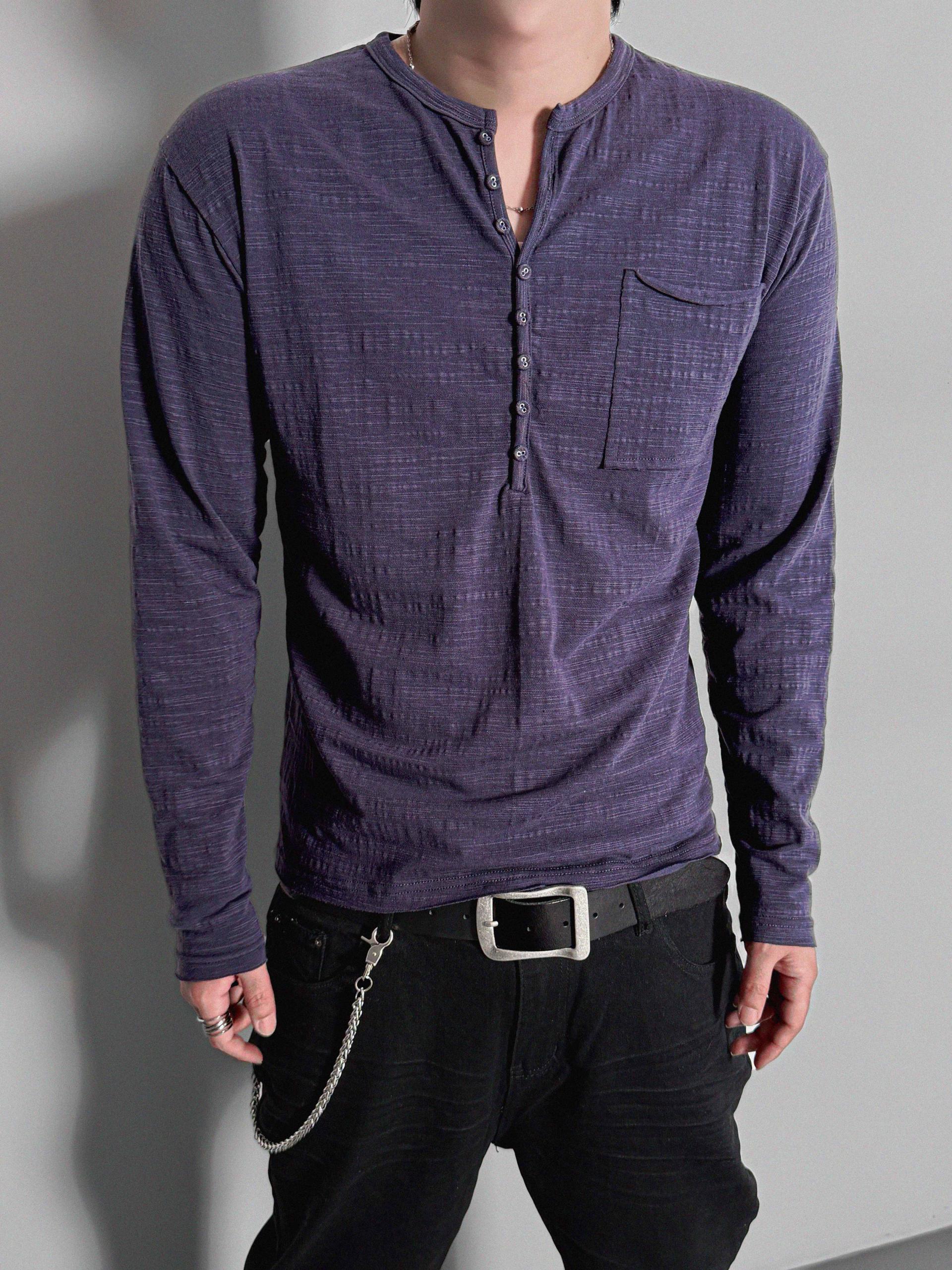 Button slub henley neck slim t