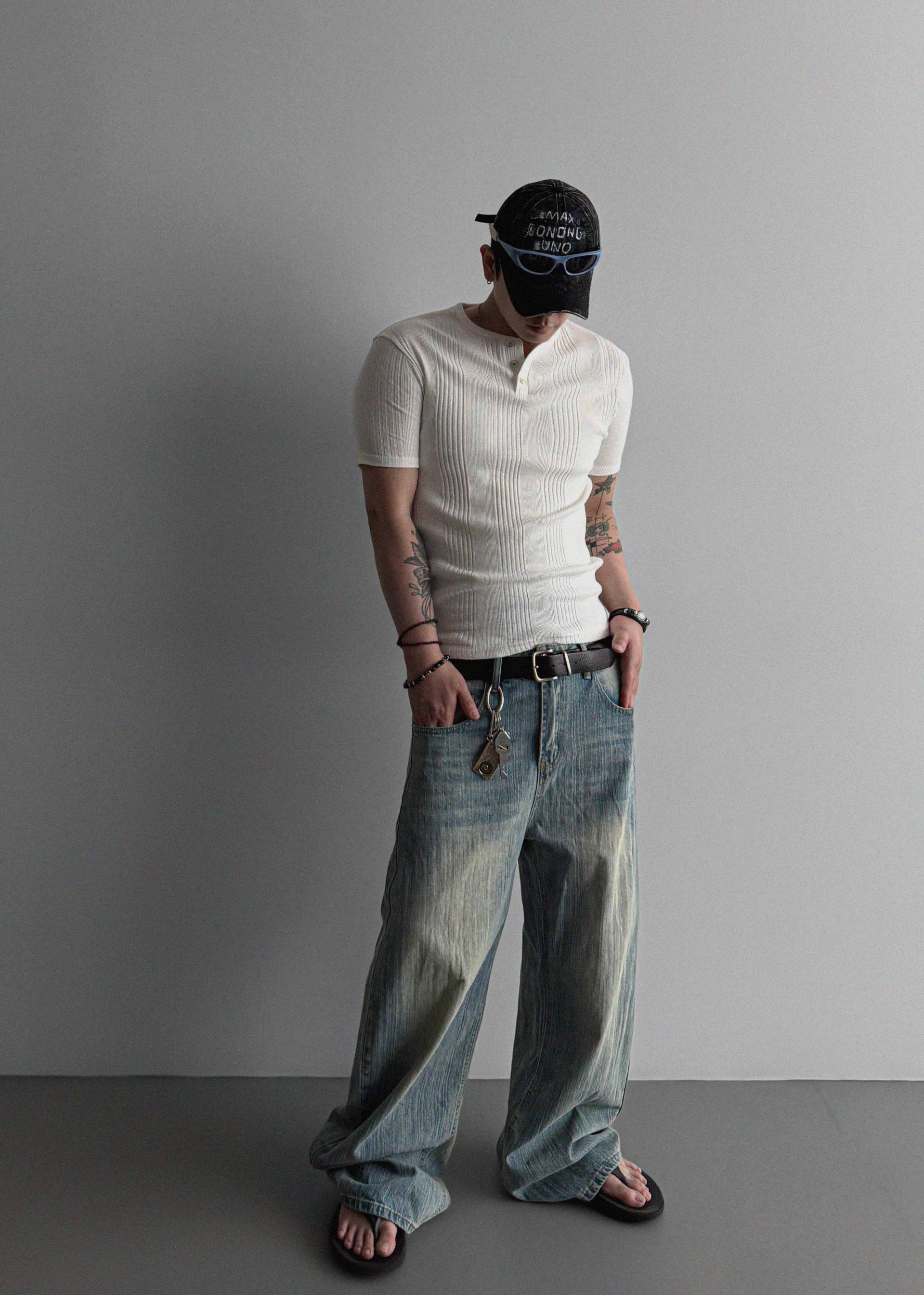 Striped washed curved denim pants