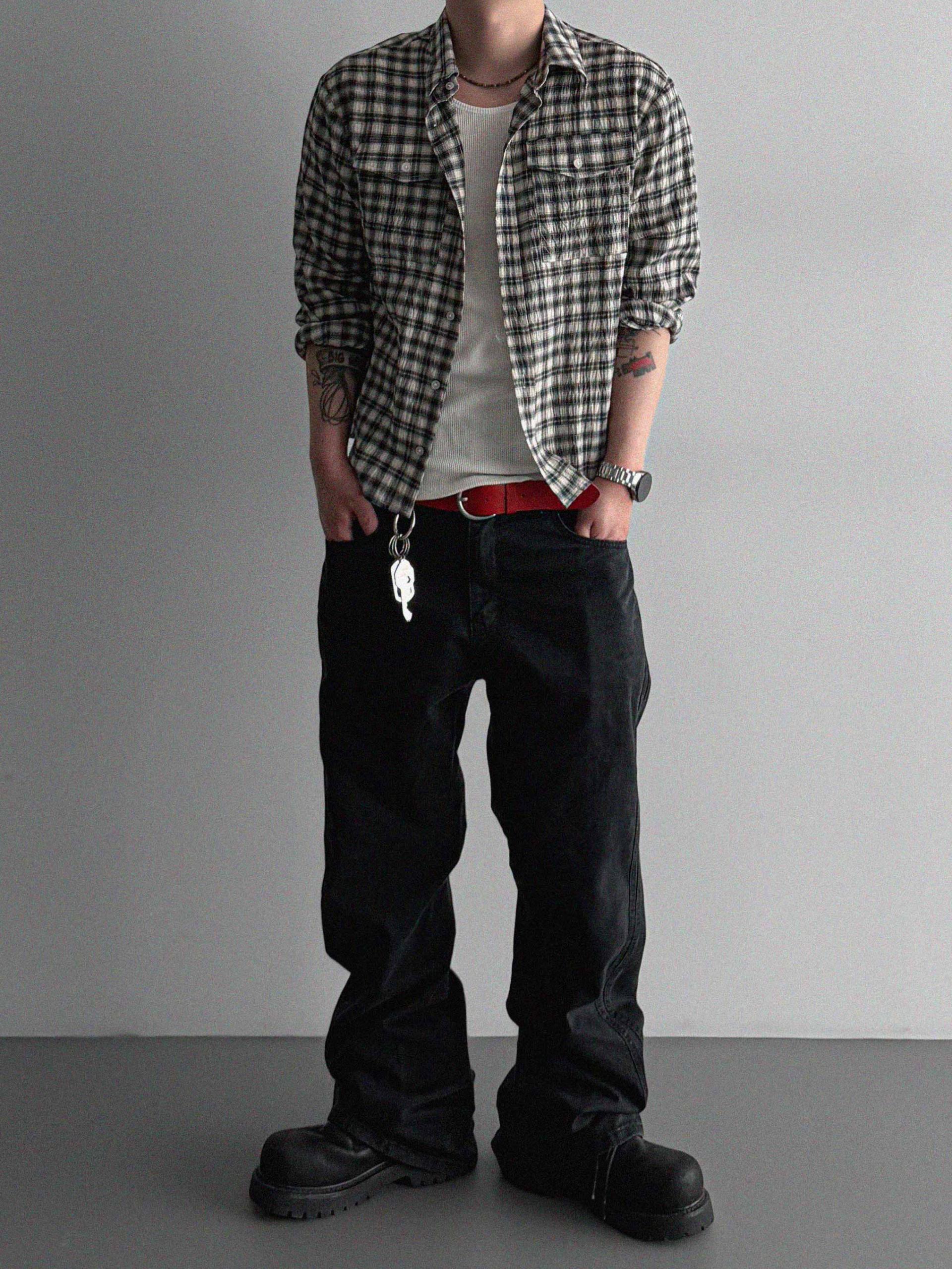 Linen two pocket crop check shirt