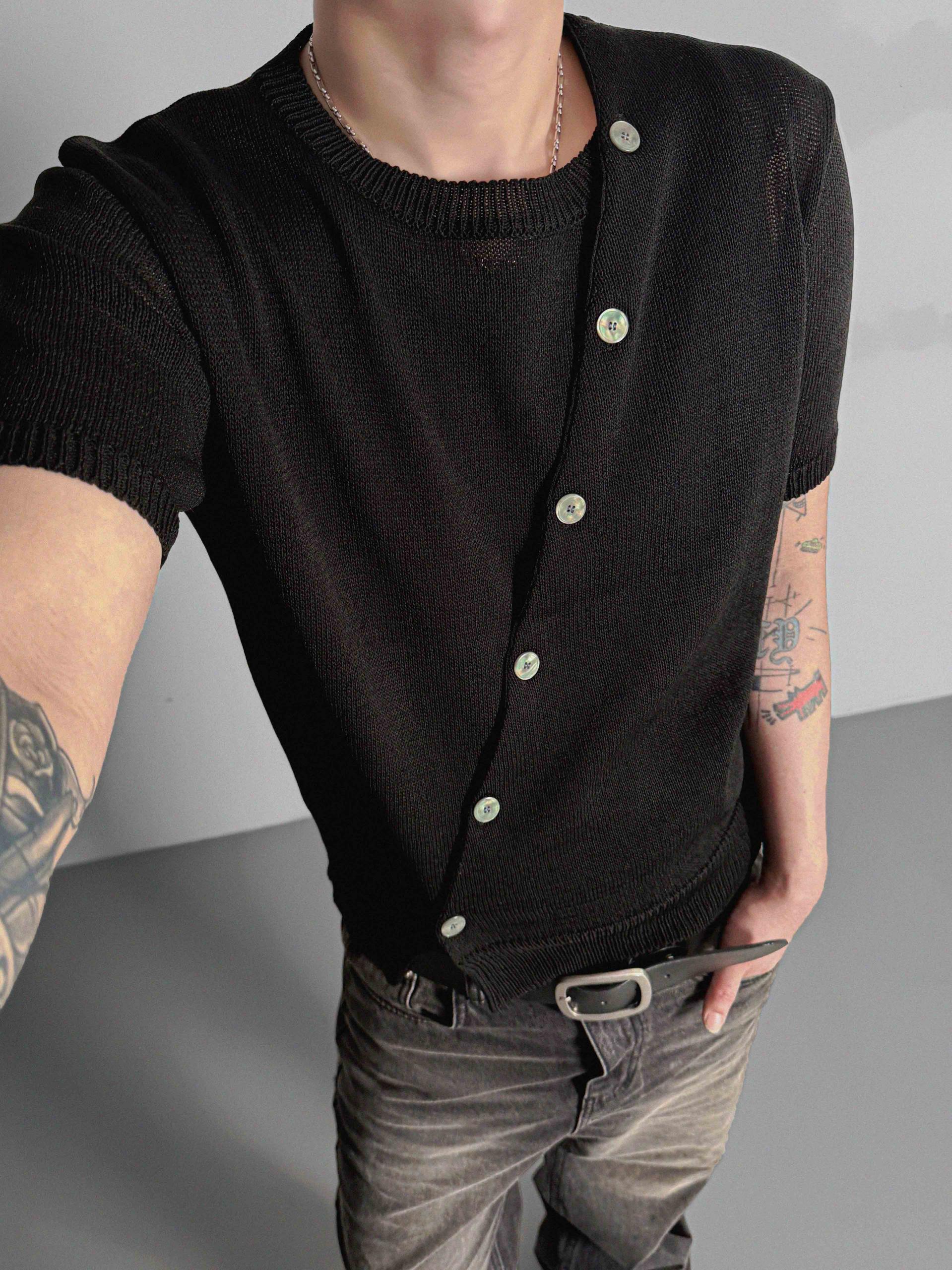 Slit button linen knit