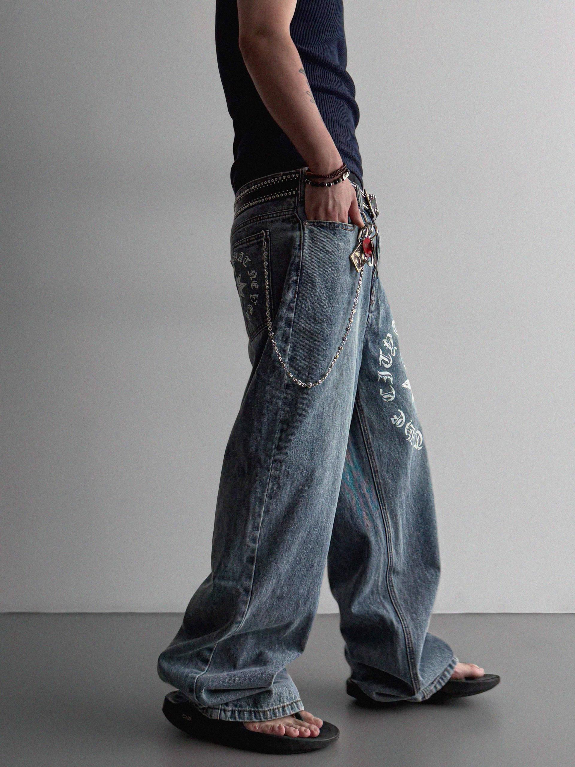 Star lettering curved denim pants