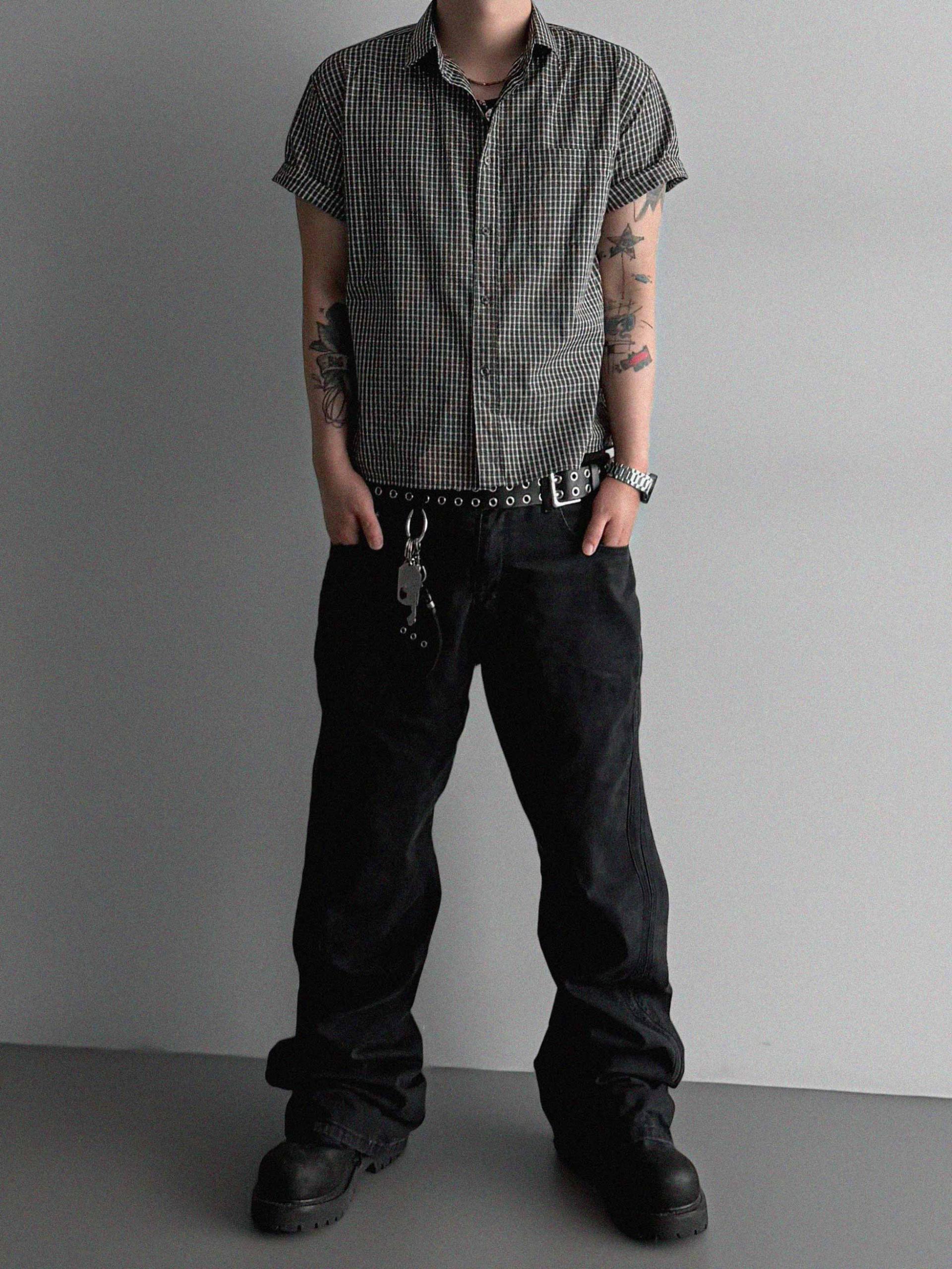 Grid check crop half shirt
