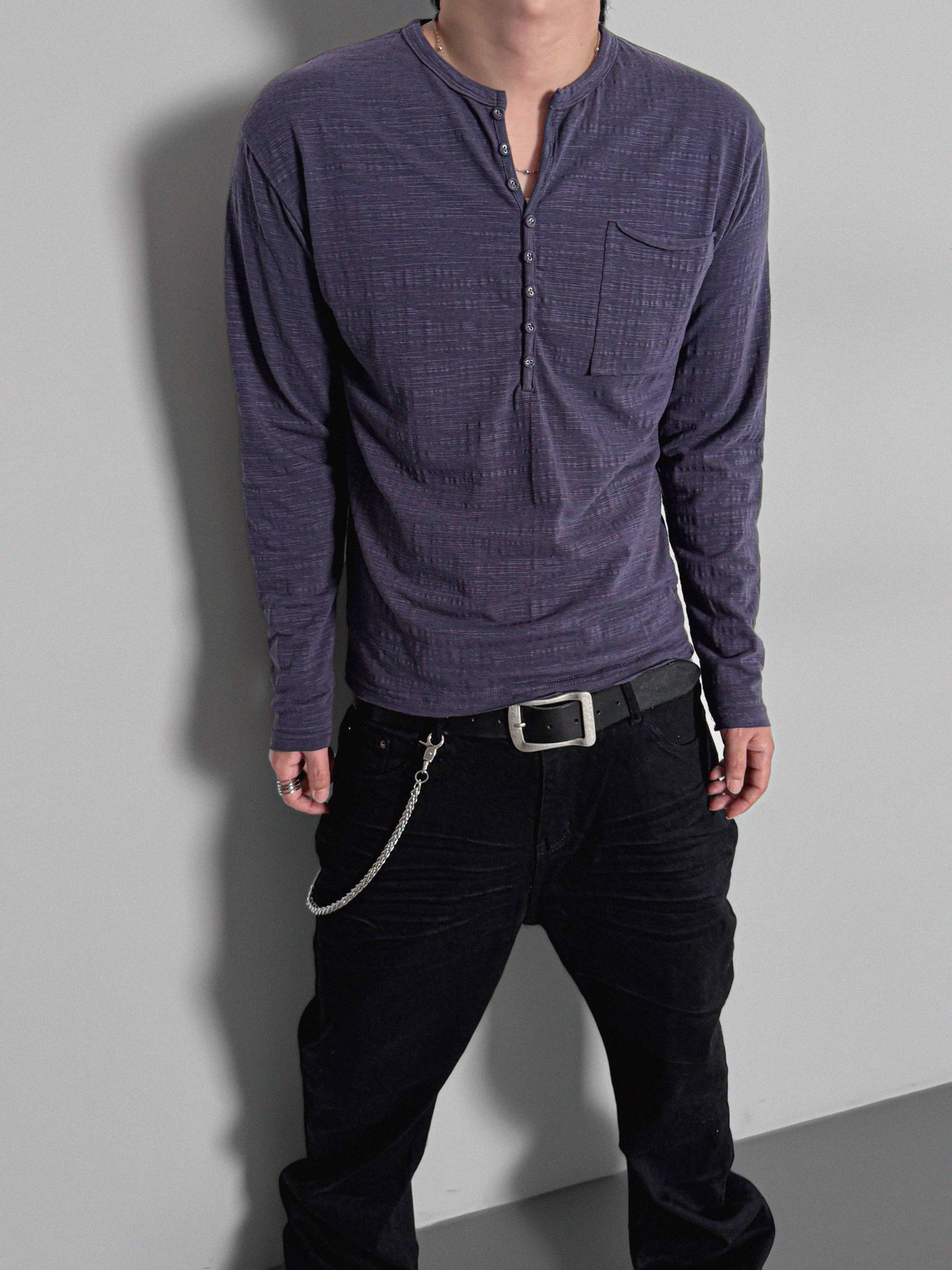 Button slub henley neck slim t