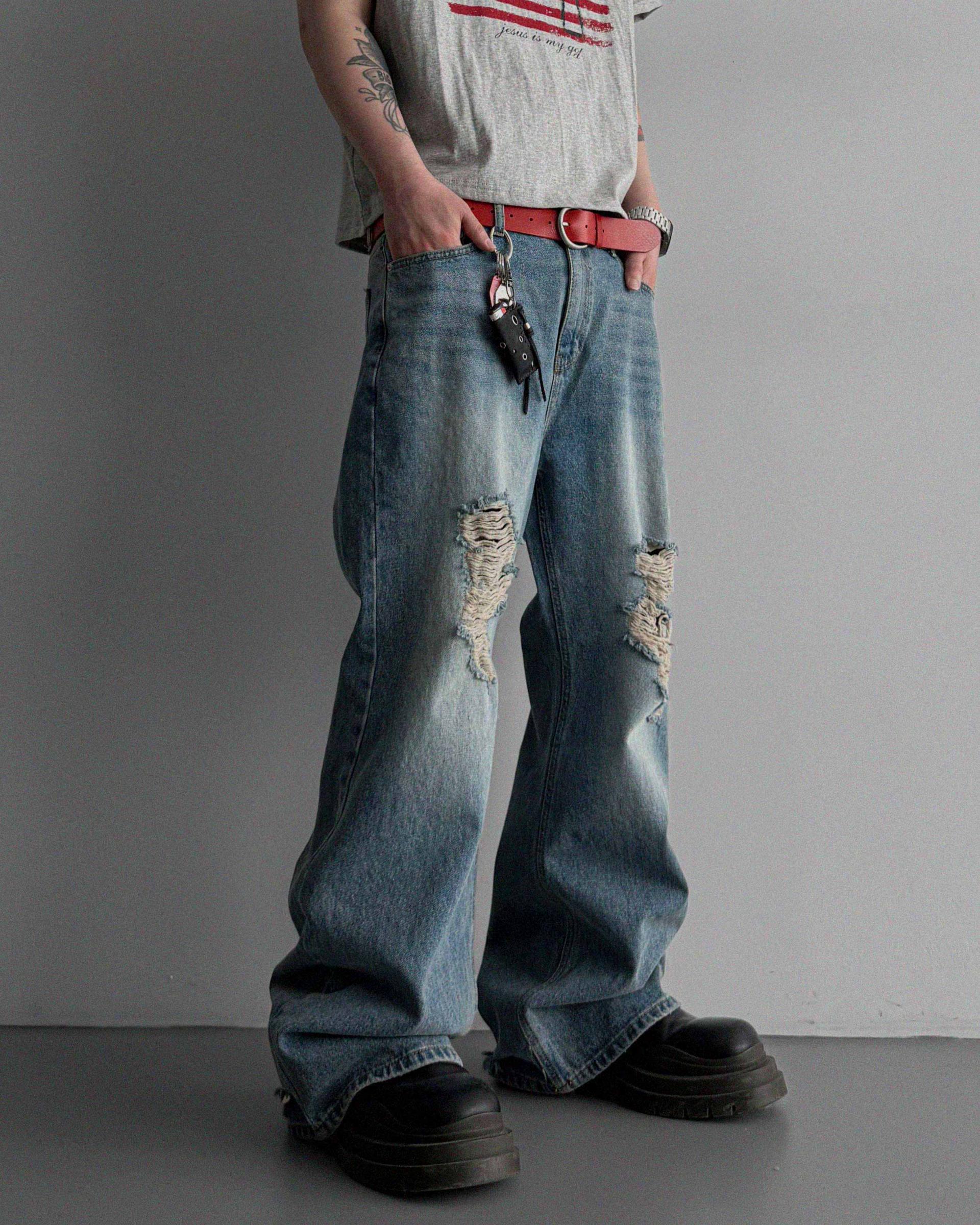 Destroyed flare denim pants