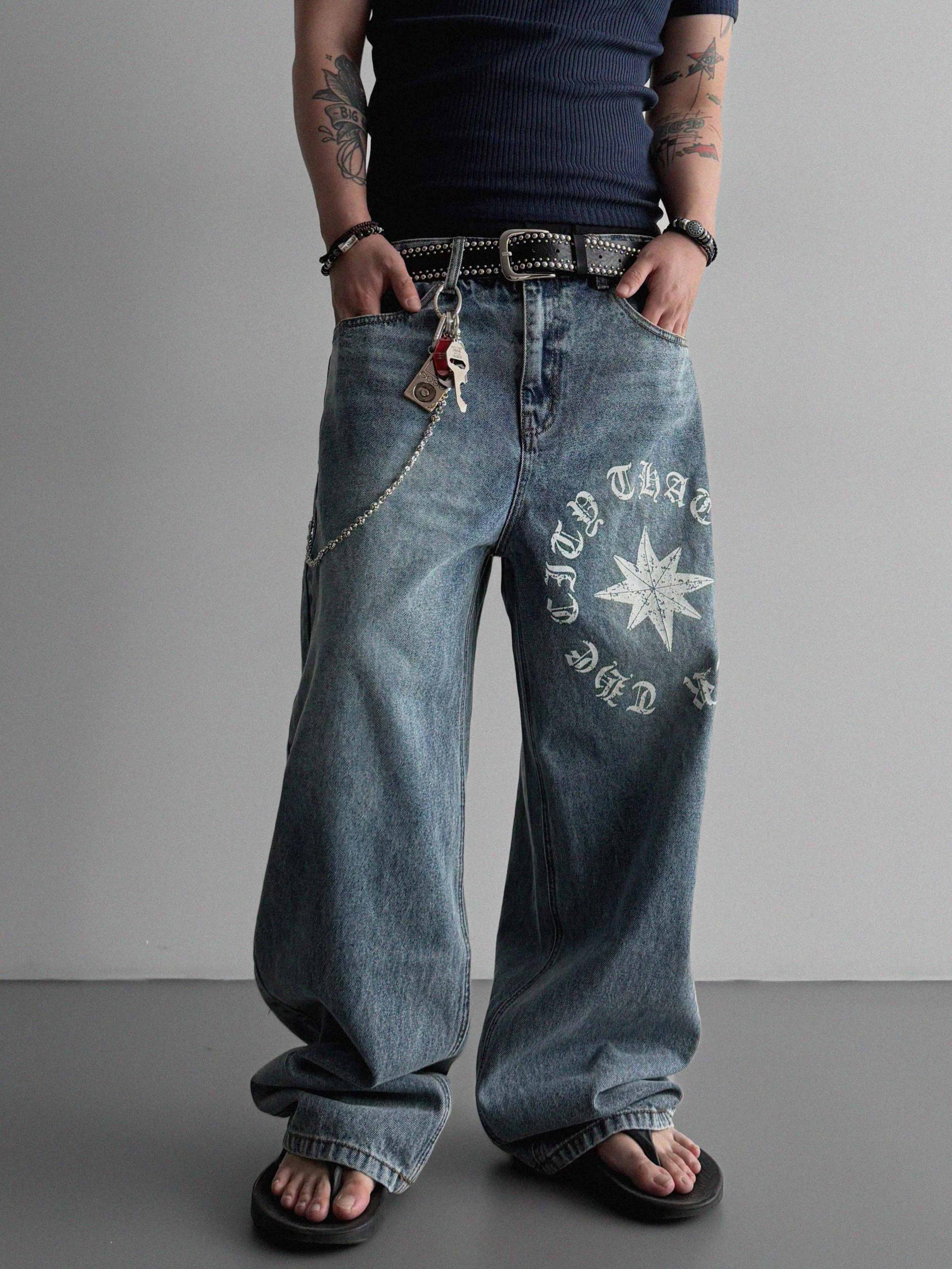 Star lettering curved denim pants