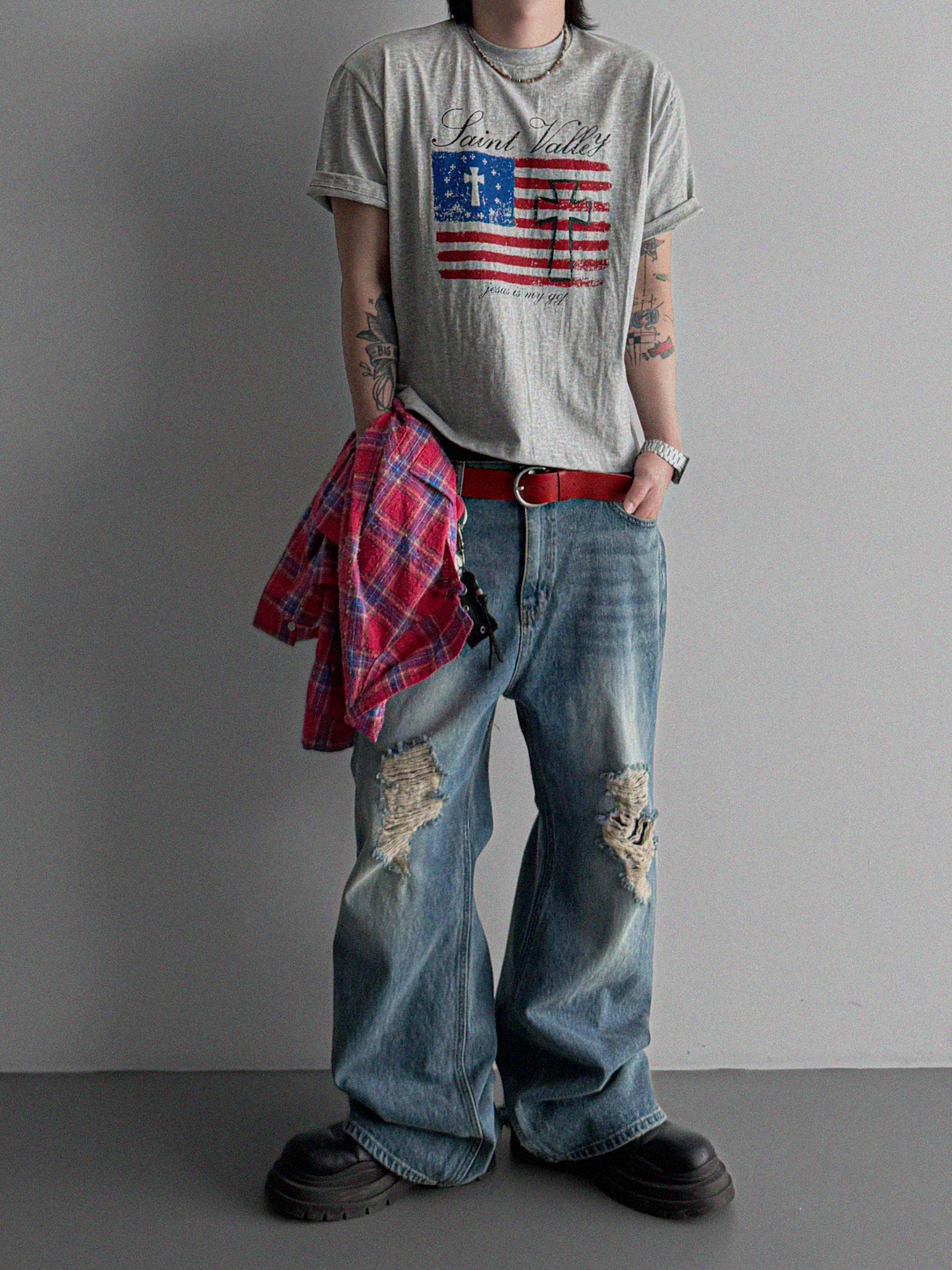Cross and Stripes crop half t