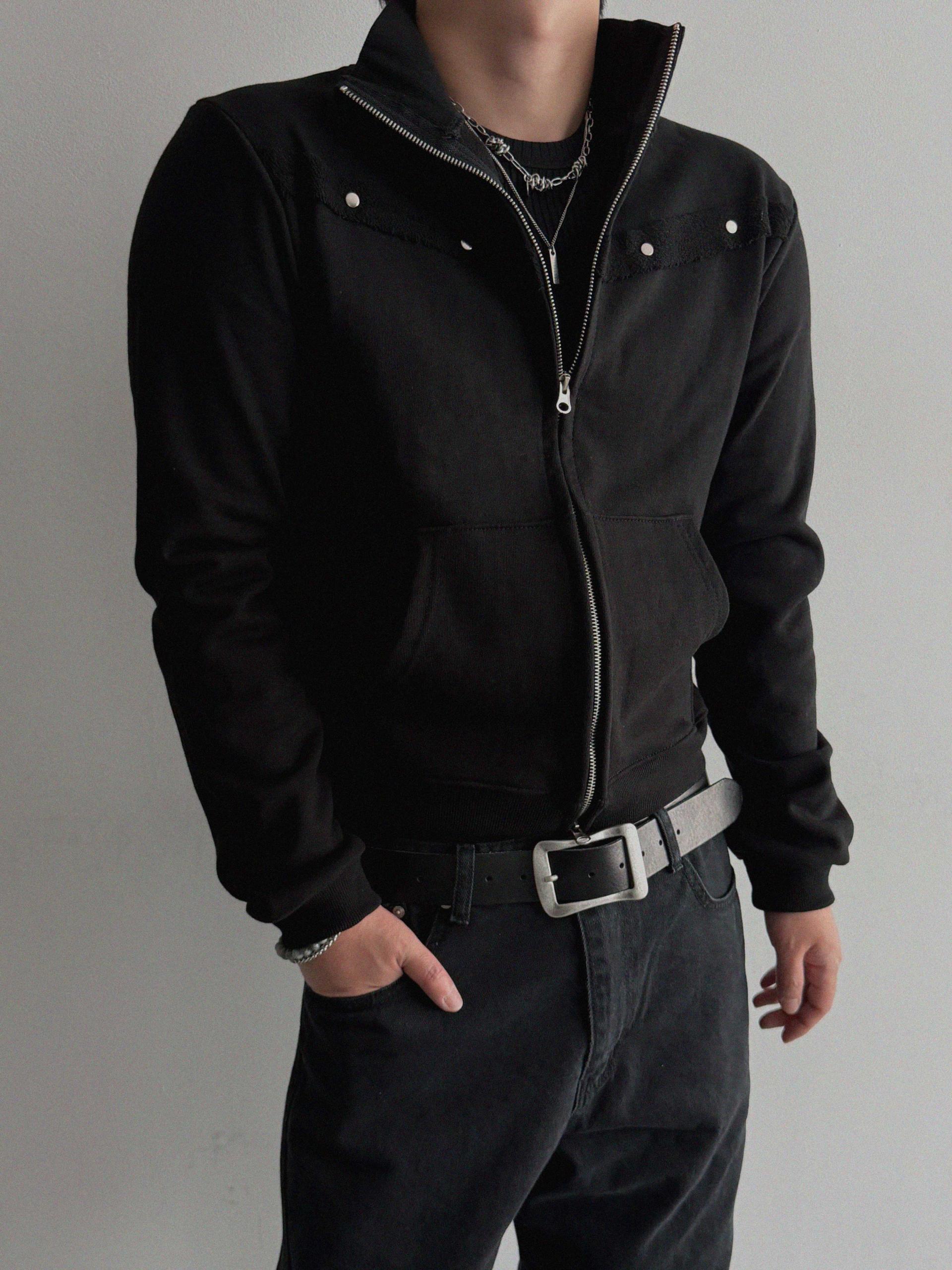 Fringe rivet slim high neck zip-up