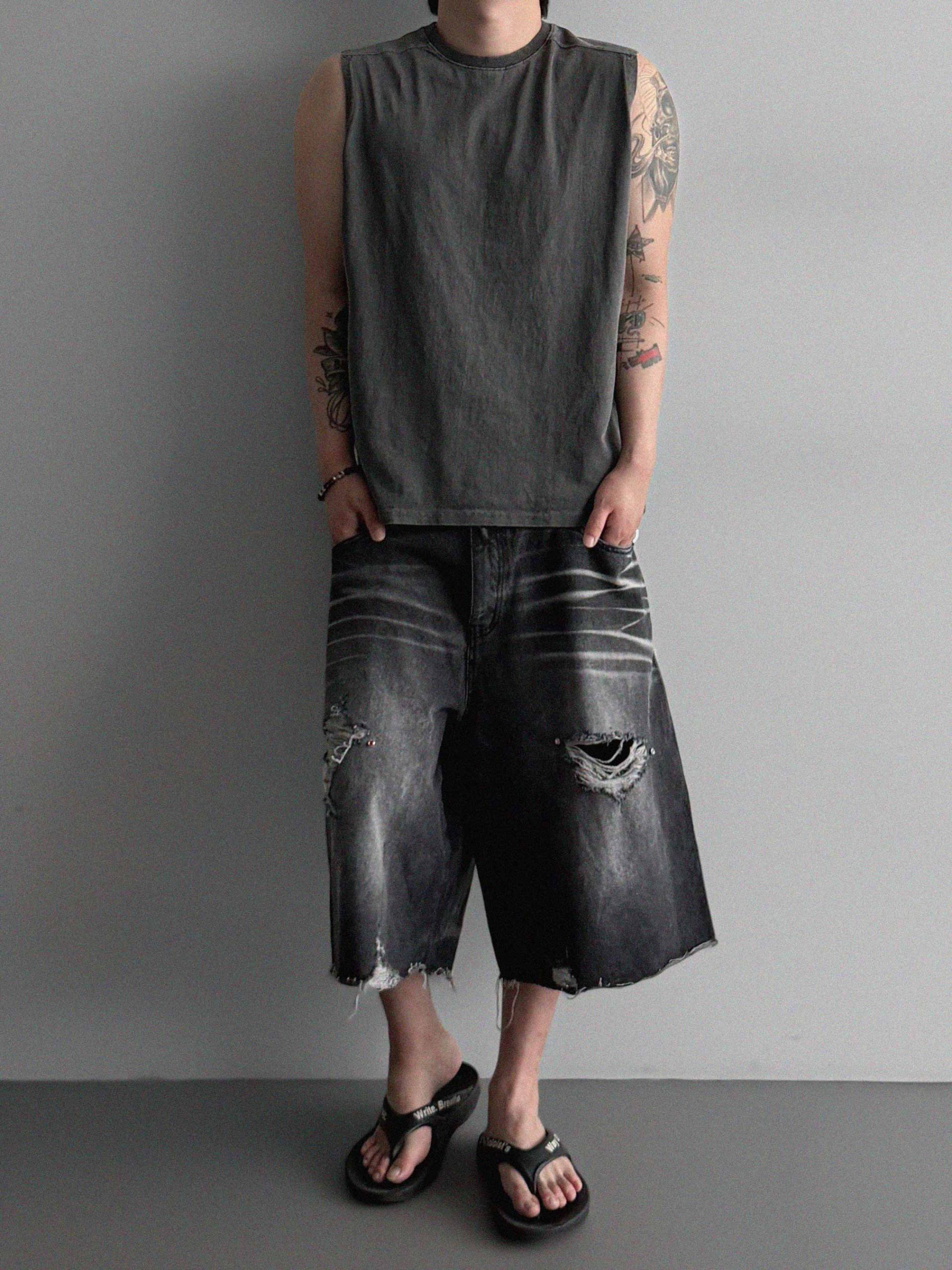 Cubic vintage denim bermuda pants