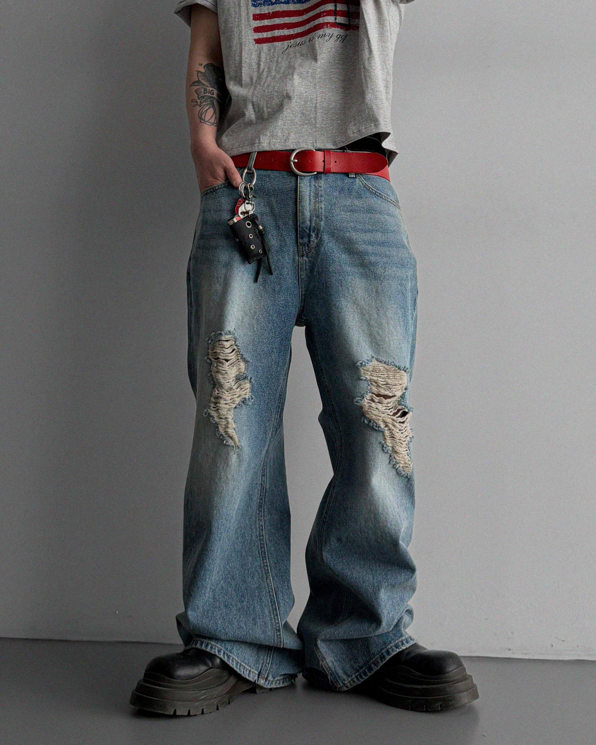 Destroyed flare denim pants