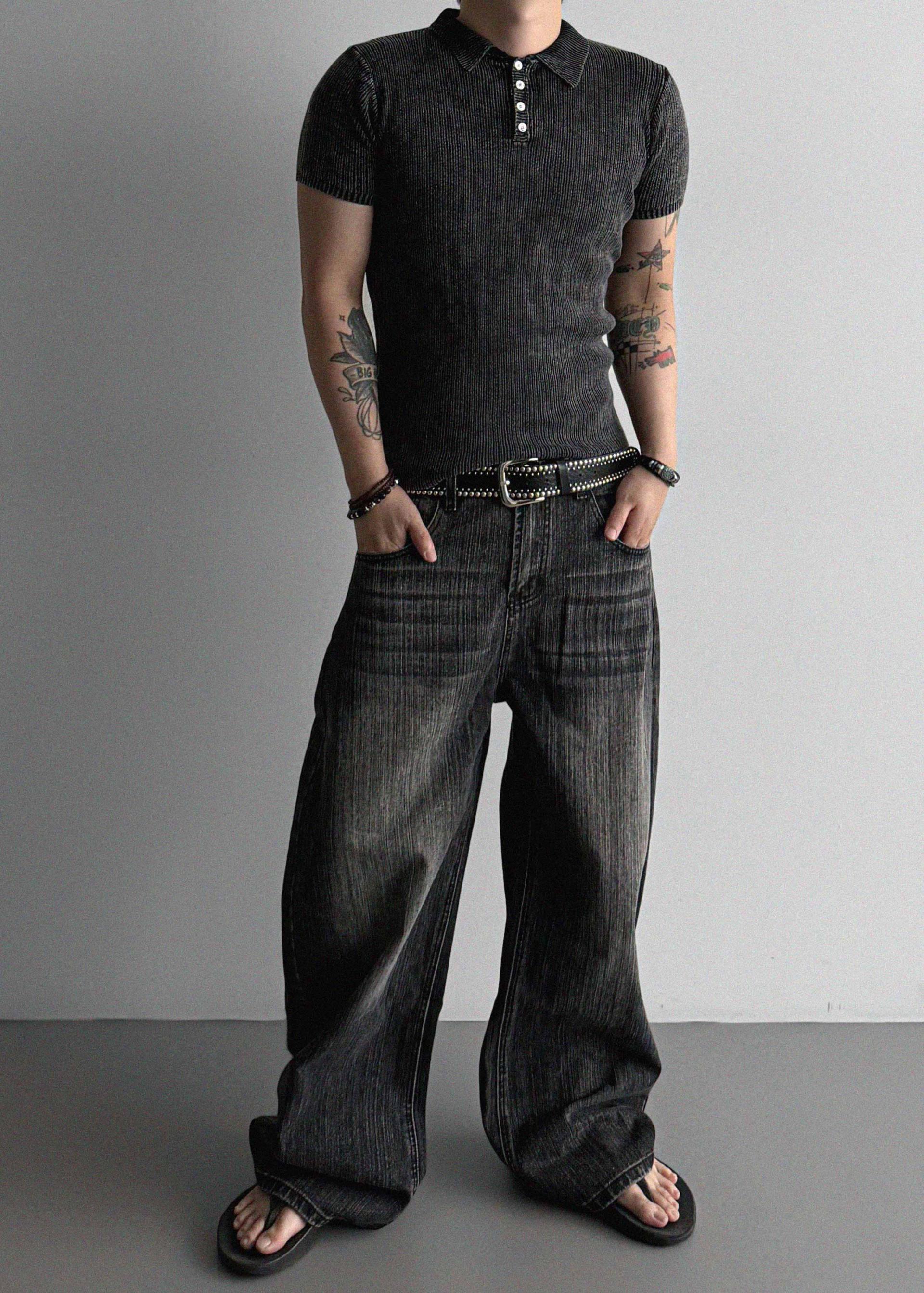 Striped washed curved denim pants