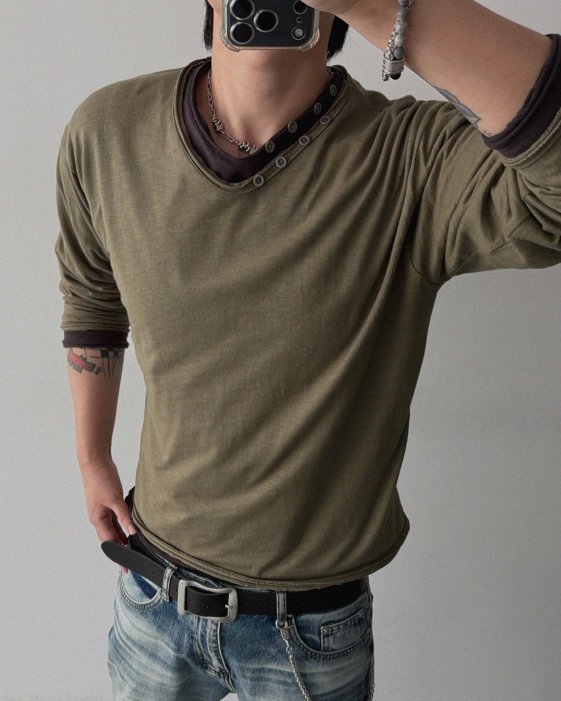 Button v-neck slub cutting crop t