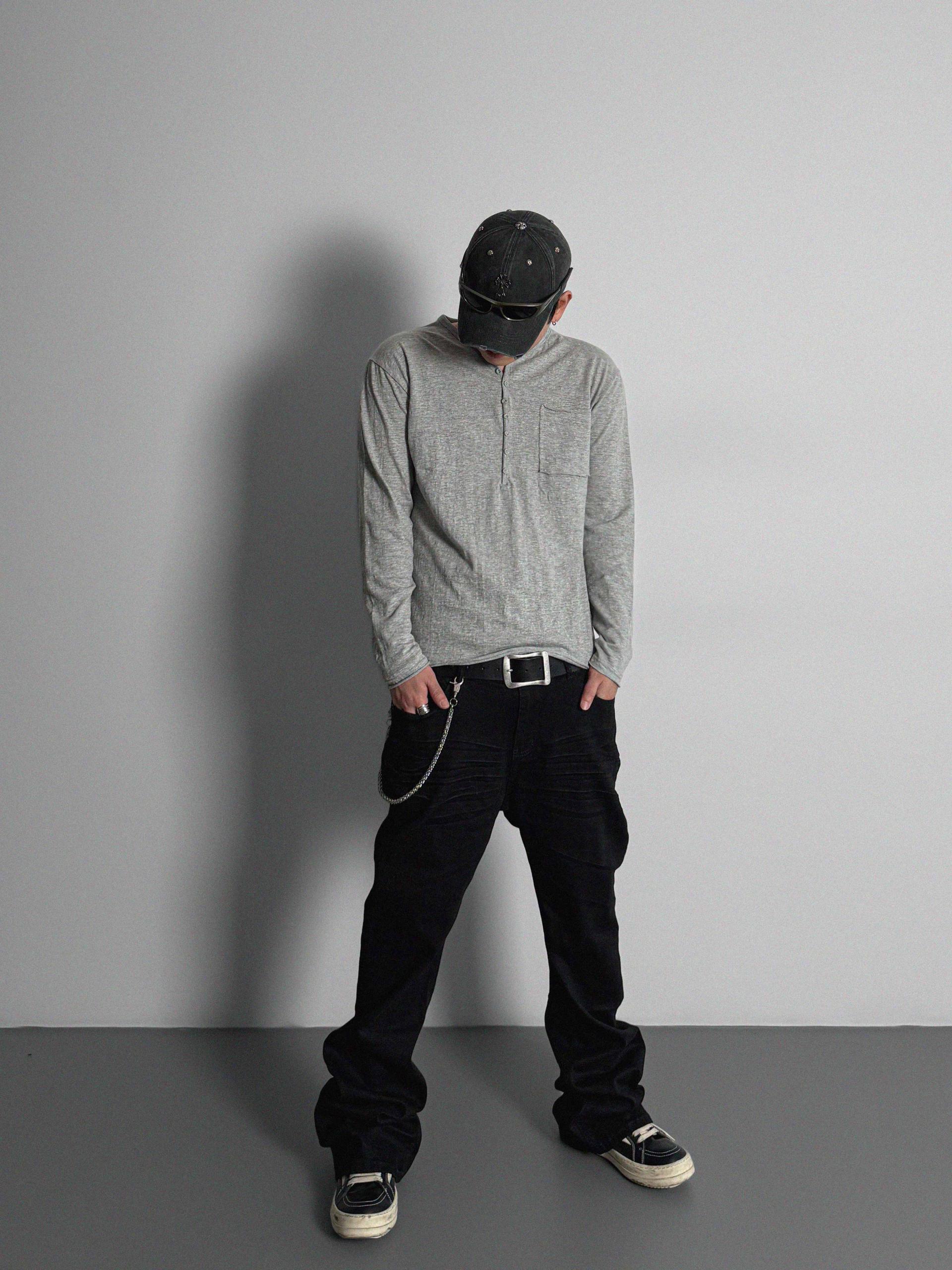 Button slub henley neck slim t