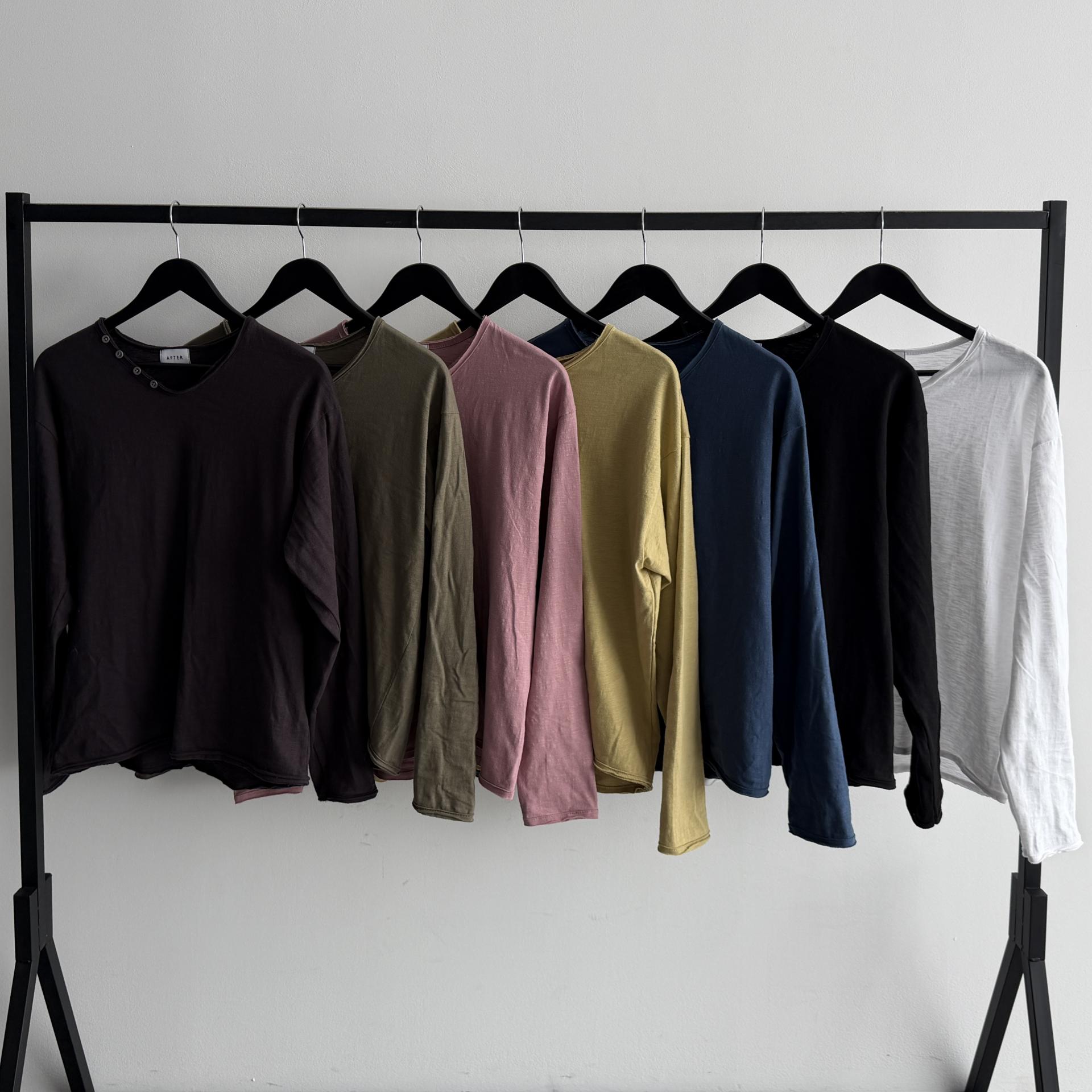 Button v-neck slub cutting crop t