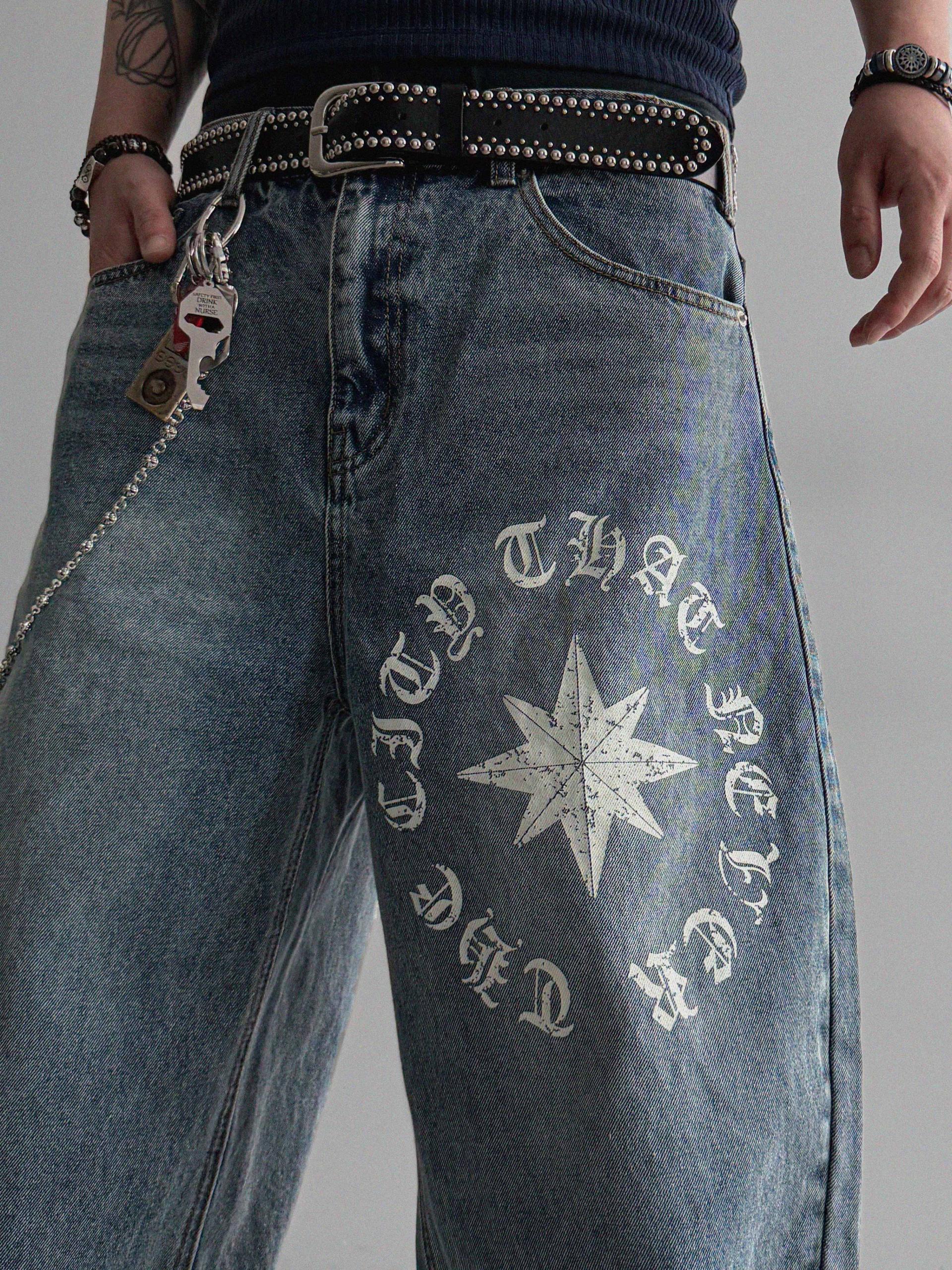Star lettering curved denim pants