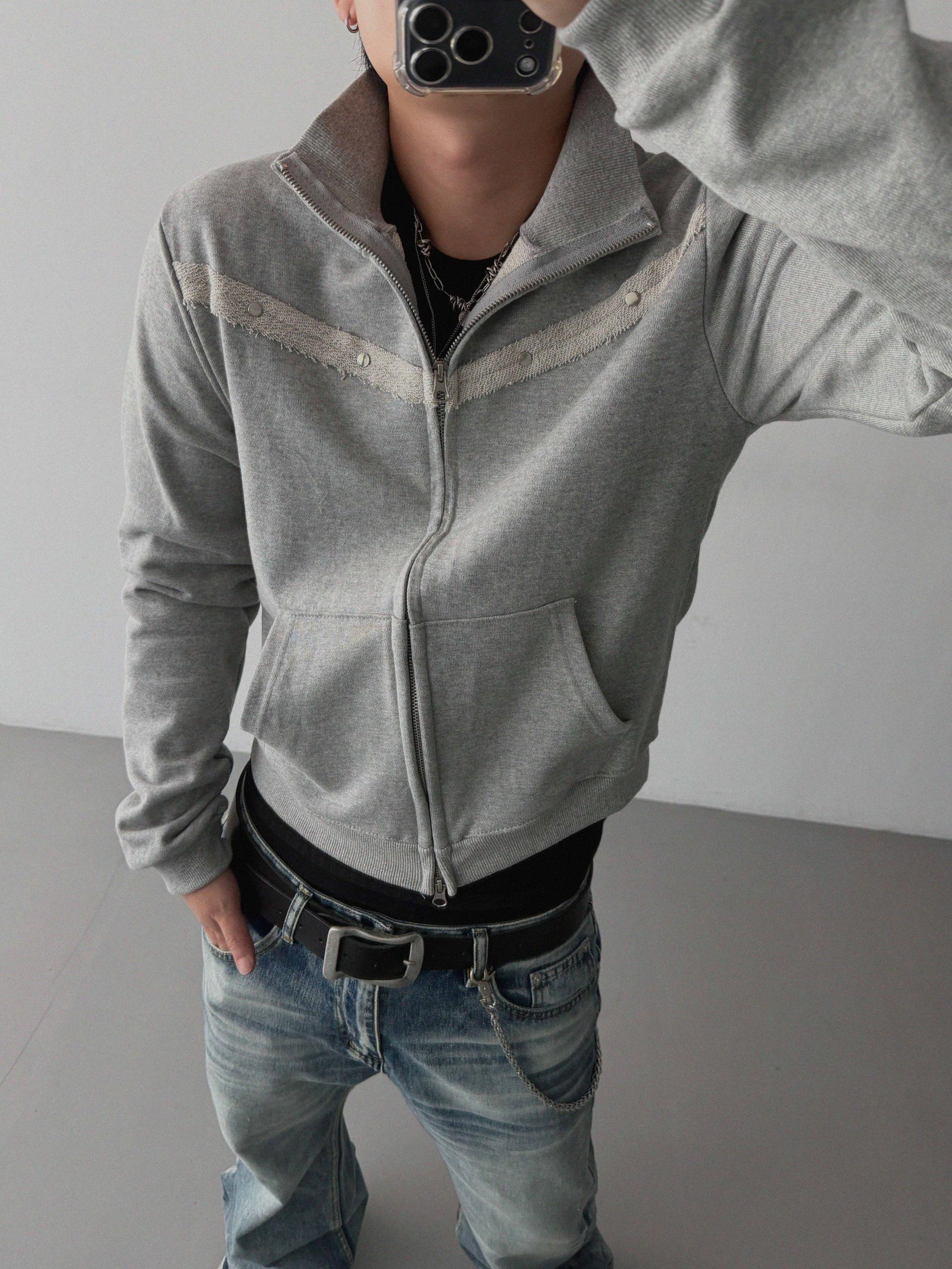Fringe rivet slim high neck zip-up