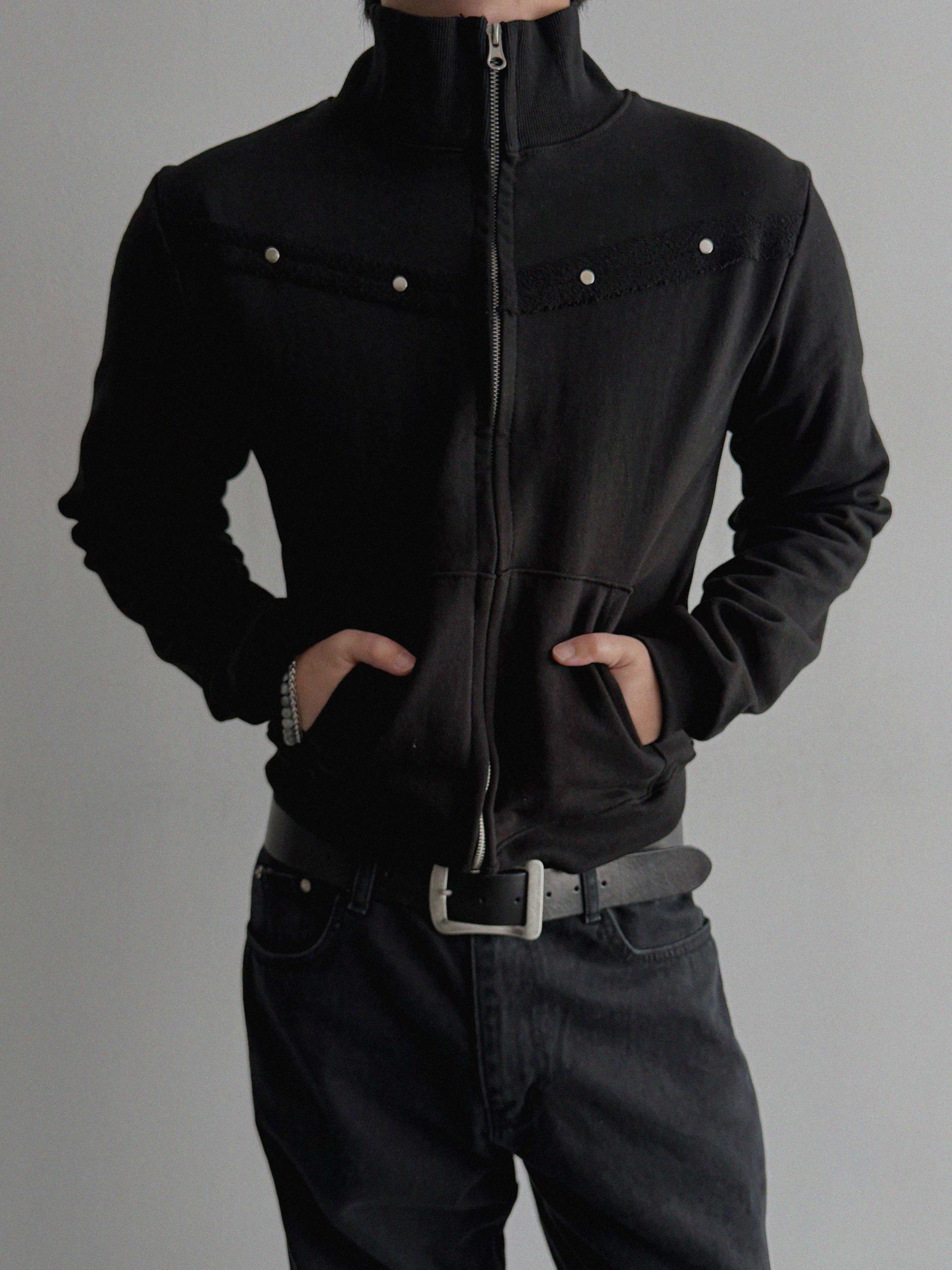 Fringe rivet slim high neck zip-up