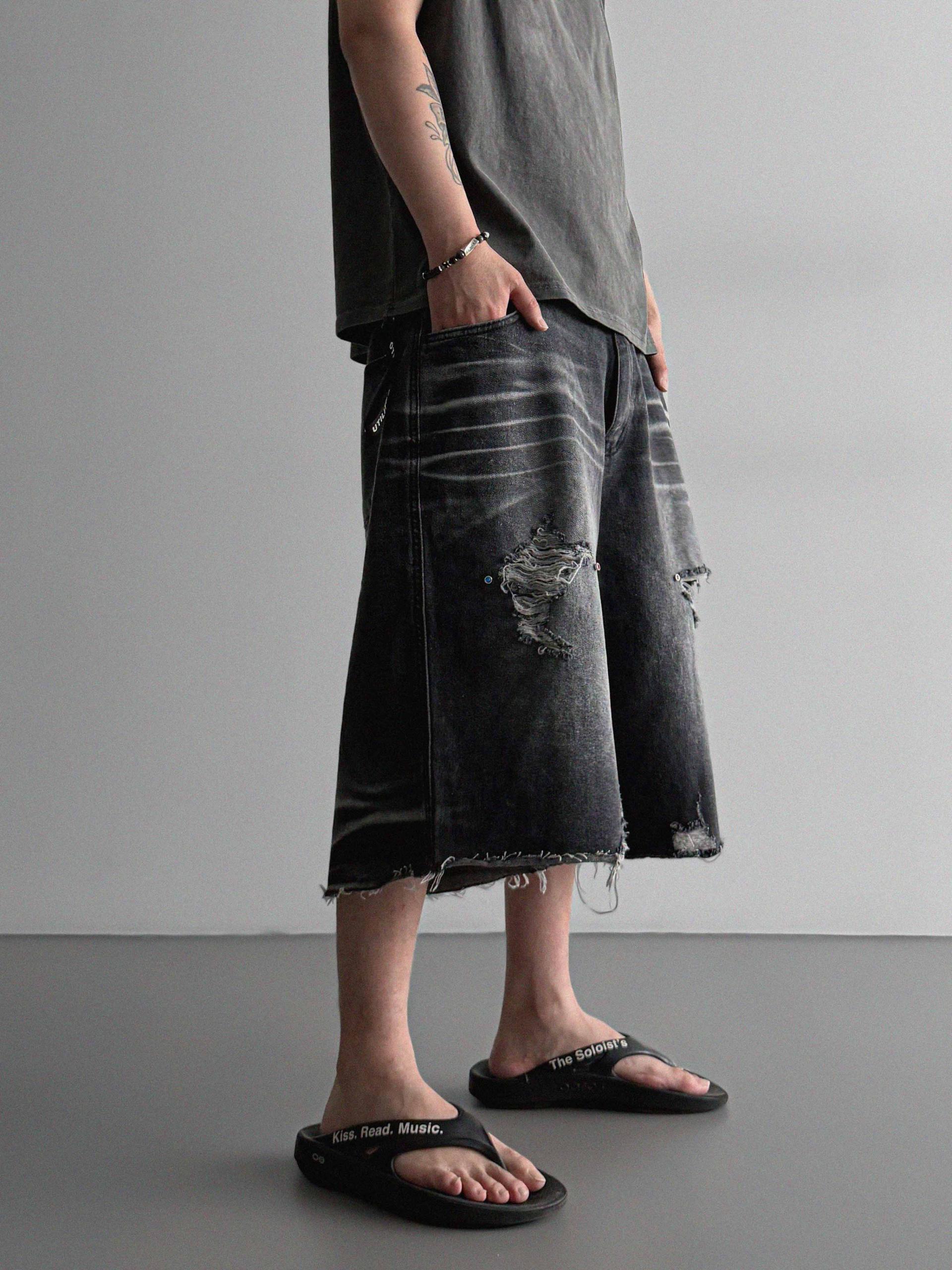 Cubic vintage denim bermuda pants